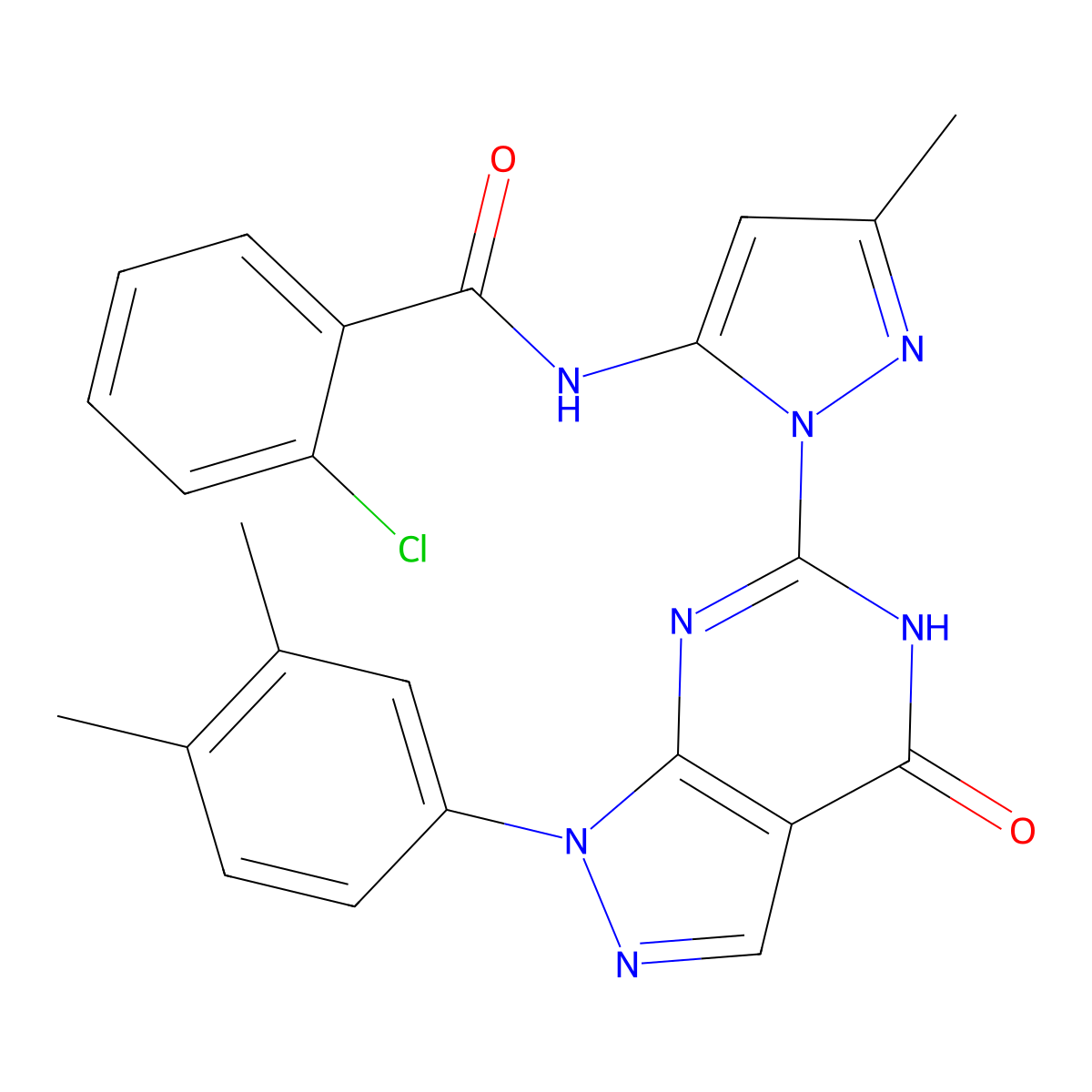 2-chloro-N-(1-(1-(3,4-dimethylphenyl)-4-oxo-4,5-dihydro-1H-pyrazolo[3,4-d]pyrimidin-6-yl)-3-methyl-1H-pyrazol-5-yl)benzamide molecular structure, CAS 1171646-40-4