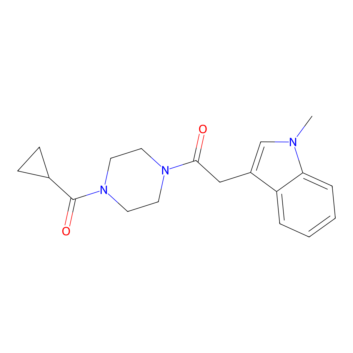 1-(4-(cyclopropanecarbonyl)piperazin-1-yl)-2-(1-methyl-1H-indol-3-yl)ethanone molecular structure, CAS 1171648-85-3