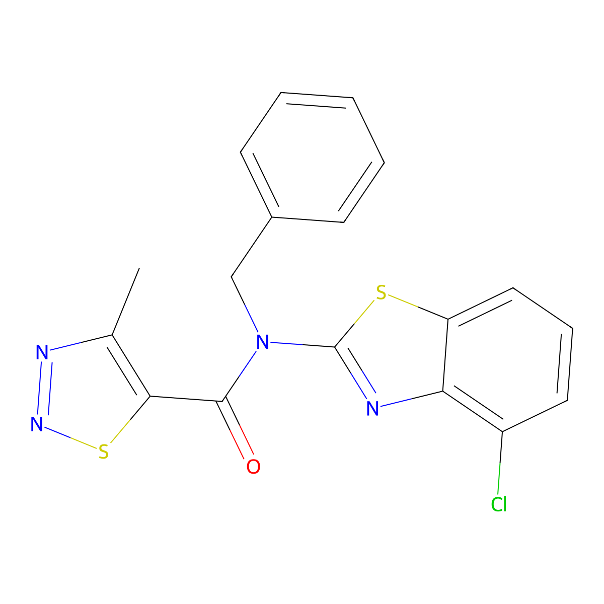 N-benzyl-N-(4-chlorobenzo[d]thiazol-2-yl)-4-methyl-1,2,3-thiadiazole-5-carboxamide molecular structure, CAS 1171650-71-7