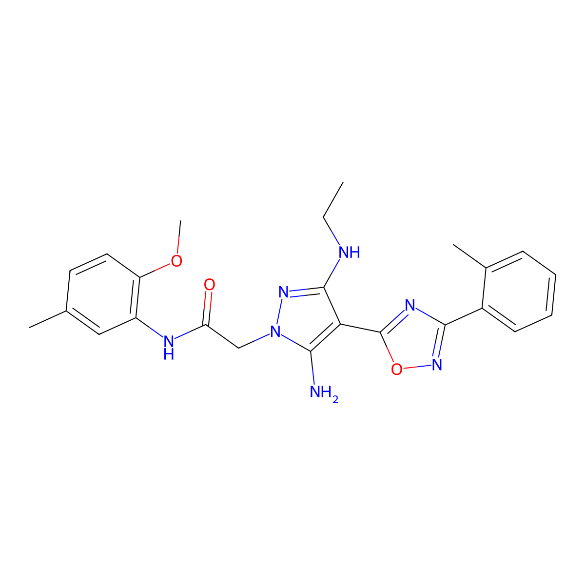 2-(5-amino-3-(ethylamino)-4-(3-(o-tolyl)-1,2,4-oxadiazol-5-yl)-1H-pyrazol-1-yl)-N-(2-methoxy-5-methylphenyl)acetamide molecular structure, CAS 1171652-48-4
