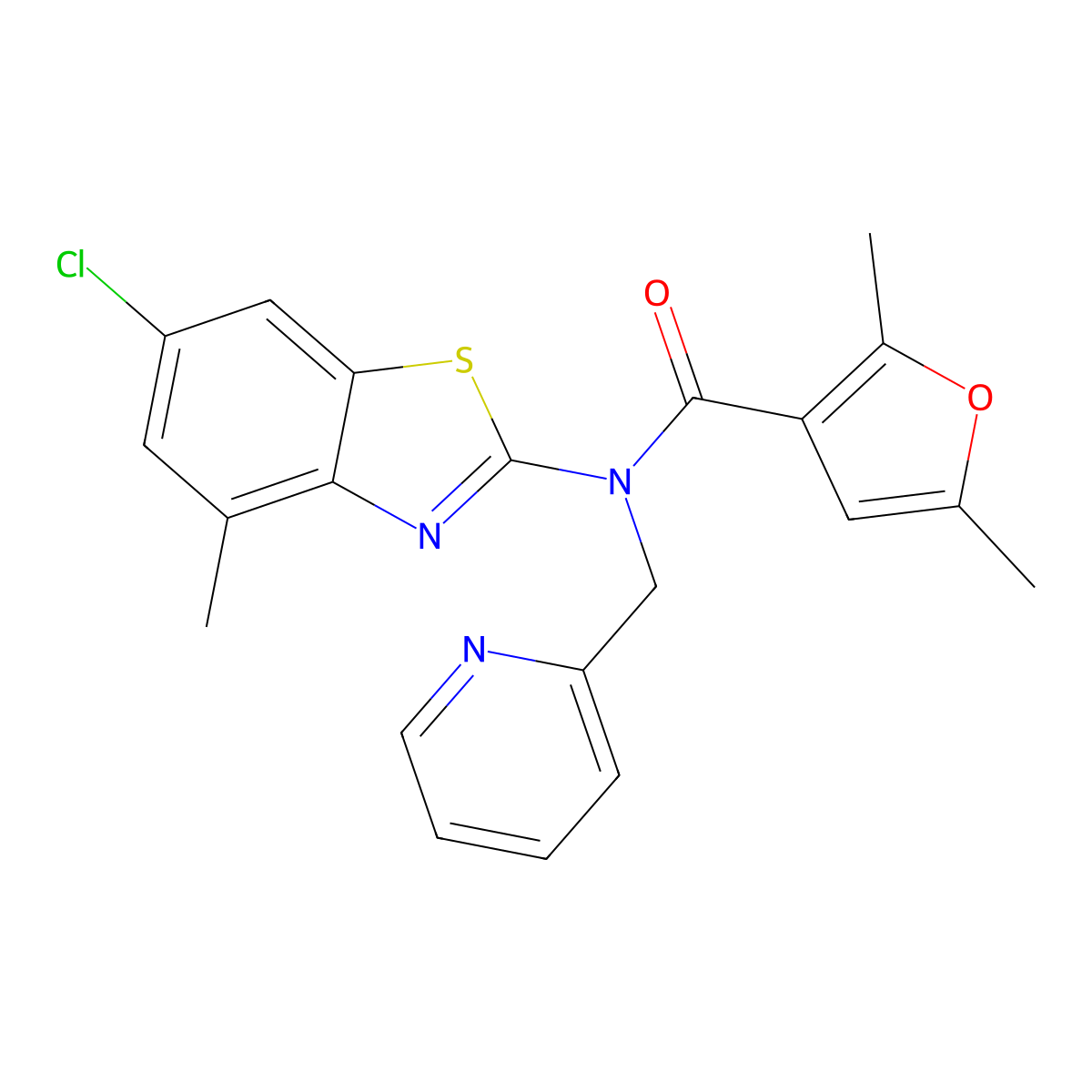 N-(6-chloro-4-methylbenzo[d]thiazol-2-yl)-2,5-dimethyl-N-(pyridin-2-ylmethyl)furan-3-carboxamide molecular structure, CAS 1171655-04-1