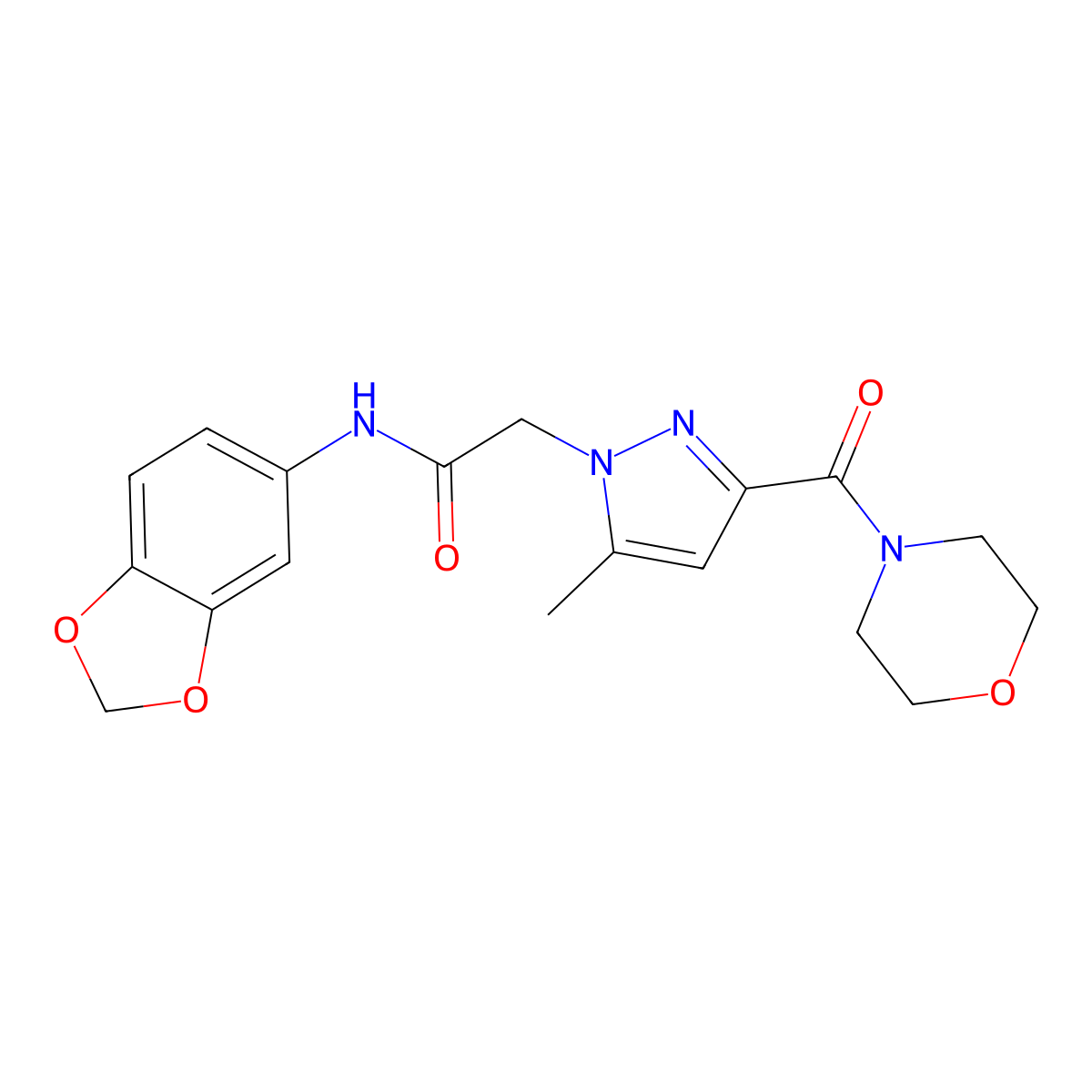 N-(benzo[d][1,3]dioxol-5-yl)-2-(5-methyl-3-(morpholine-4-carbonyl)-1H-pyrazol-1-yl)acetamide molecular structure, CAS 1171656-21-5