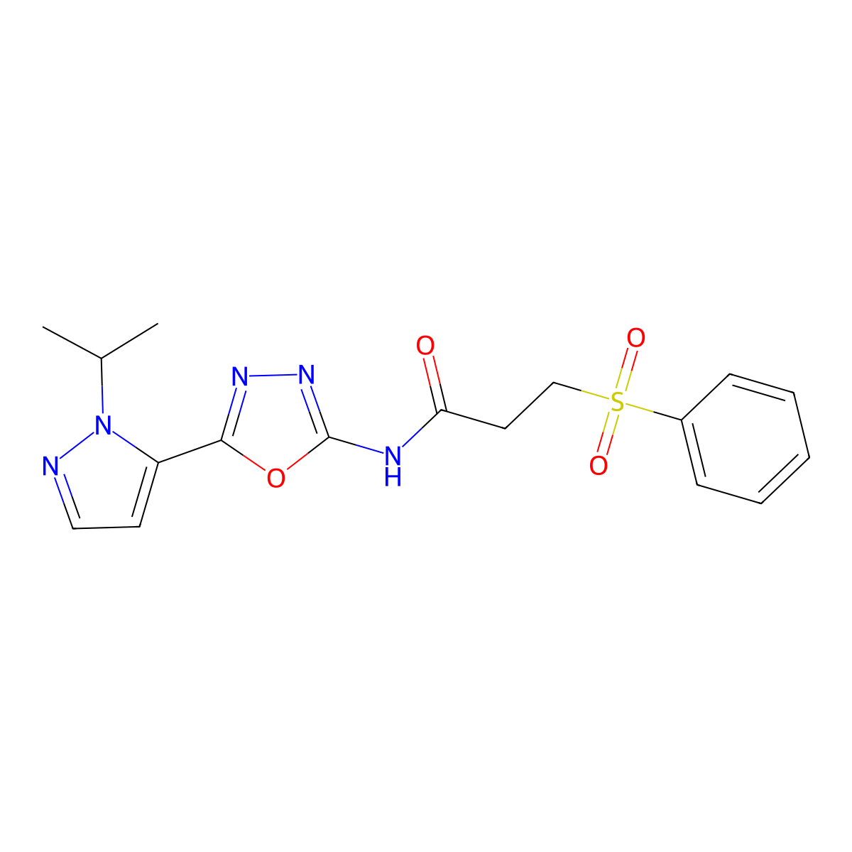 N-(5-(1-isopropyl-1H-pyrazol-5-yl)-1,3,4-oxadiazol-2-yl)-3-(phenylsulfonyl)propanamide molecular structure, CAS 1171658-03-9
