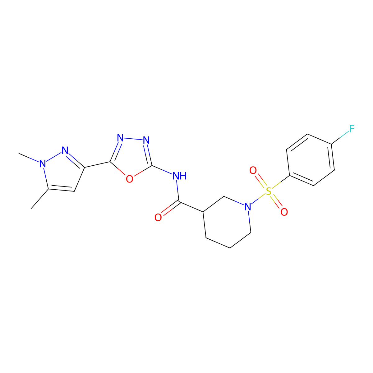 N-(5-(1,5-dimethyl-1H-pyrazol-3-yl)-1,3,4-oxadiazol-2-yl)-1-((4-fluorophenyl)sulfonyl)piperidine-3-carboxamide molecular structure, CAS 1171658-64-2