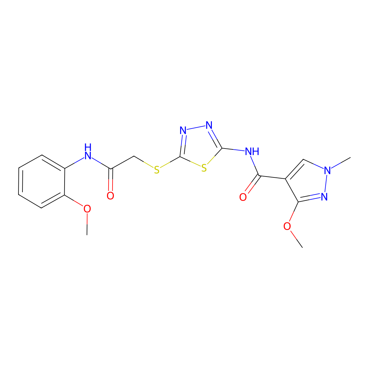 3-methoxy-N-(5-((2-((2-methoxyphenyl)amino)-2-oxoethyl)thio)-1,3,4-thiadiazol-2-yl)-1-methyl-1H-pyrazole-4-carboxamide molecular structure, CAS 1171661-41-8