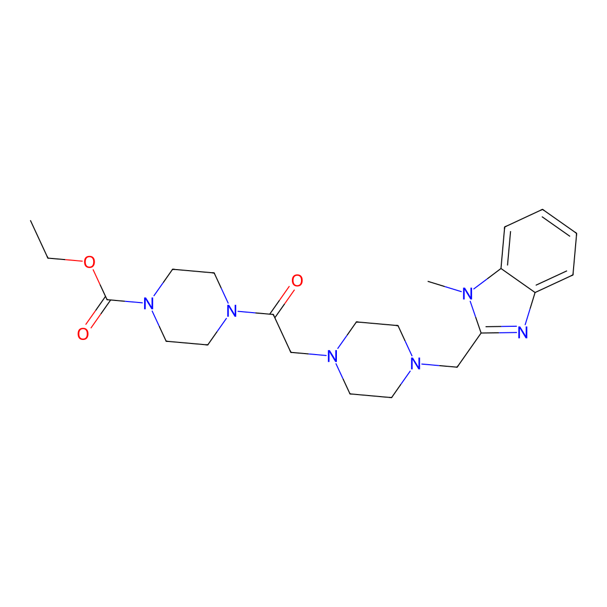 ethyl 4-(2-(4-((1-methyl-1H-benzo[d]imidazol-2-yl)methyl)piperazin-1-yl)acetyl)piperazine-1-carboxylate molecular structure, CAS 1171661-61-2