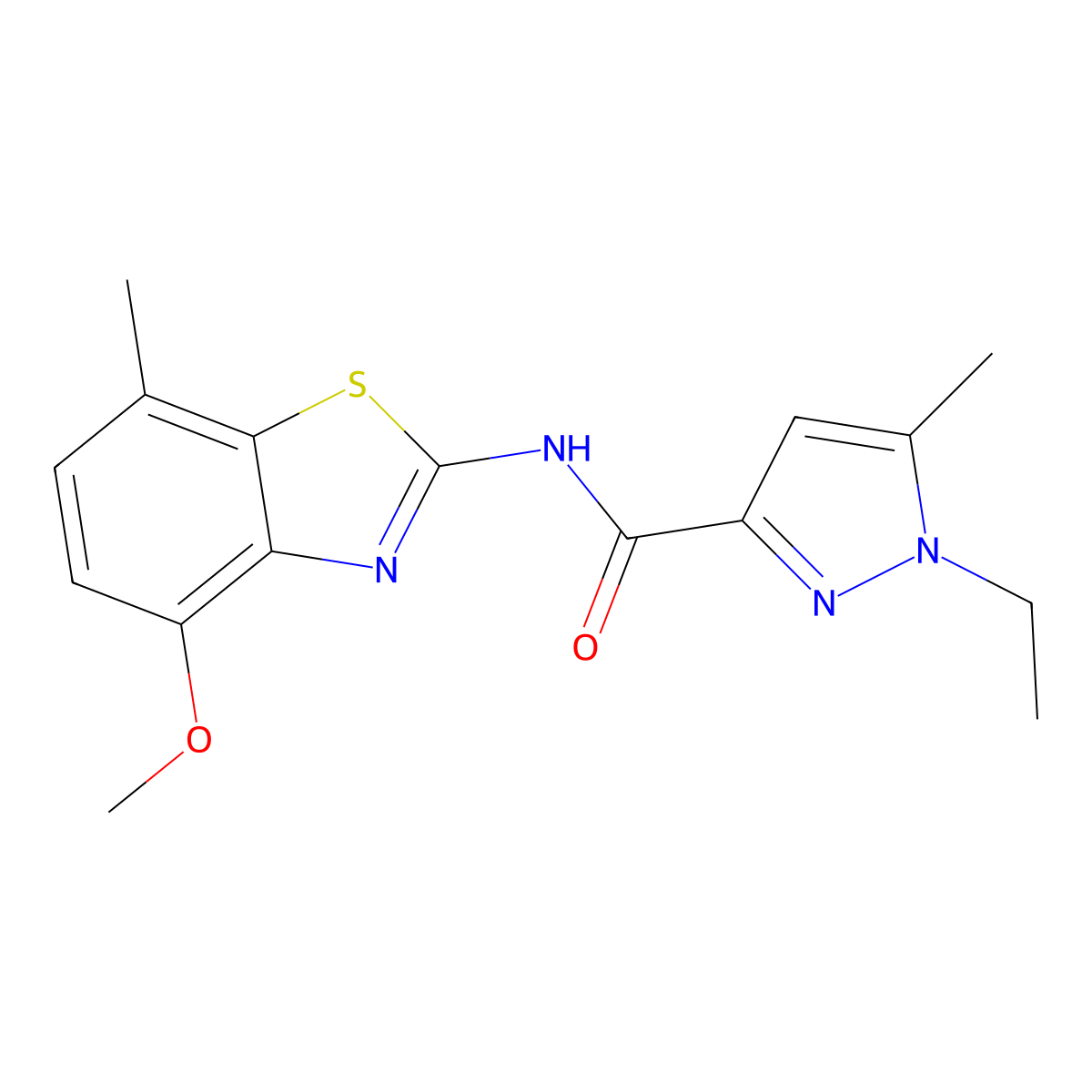 1-ethyl-N-(4-methoxy-7-methyl-1,3-benzothiazol-2-yl)-5-methyl-1H-pyrazole-3-carboxamide molecular structure, CAS 1171664-61-1