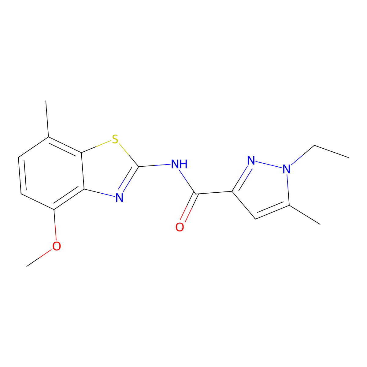 1-ethyl-N-(4-methoxy-7-methyl-1,3-benzothiazol-2-yl)-5-methyl-1H-pyrazole-3-carboxamide molecular structure, CAS 1171664-61-1
