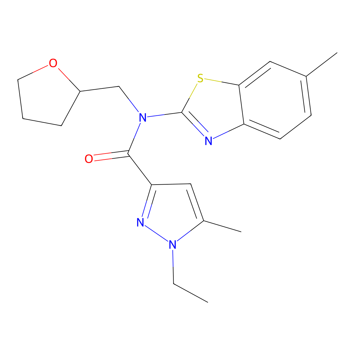 1-ethyl-5-methyl-N-(6-methylbenzo[d]thiazol-2-yl)-N-((tetrahydrofuran-2-yl)methyl)-1H-pyrazole-3-carboxamide molecular structure, CAS 1171664-65-5