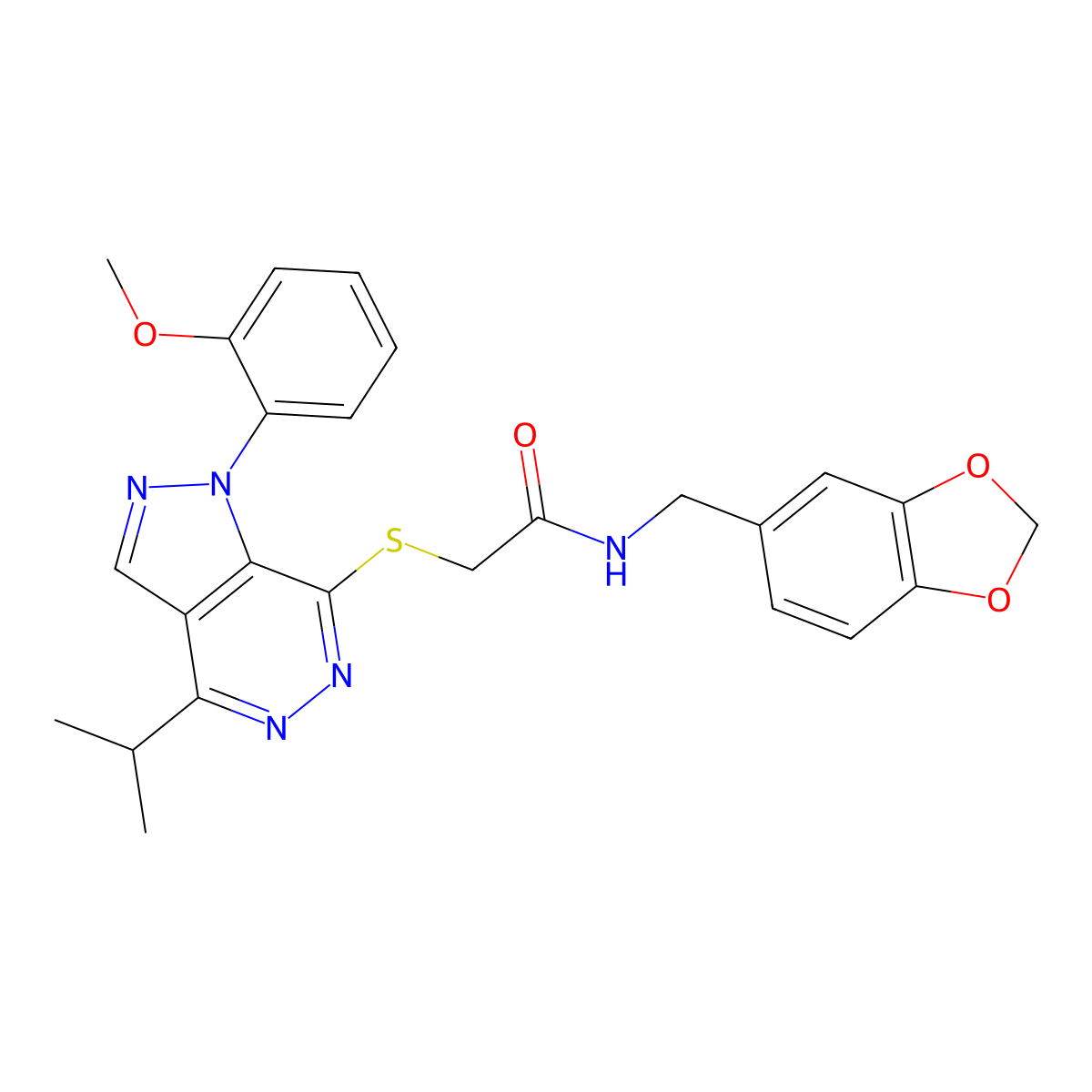 N-(benzo[d][1,3]dioxol-5-ylmethyl)-2-((4-isopropyl-1-(2-methoxyphenyl)-1H-pyrazolo[3,4-d]pyridazin-7-yl)thio)acetamide molecular structure, CAS 1171669-62-7