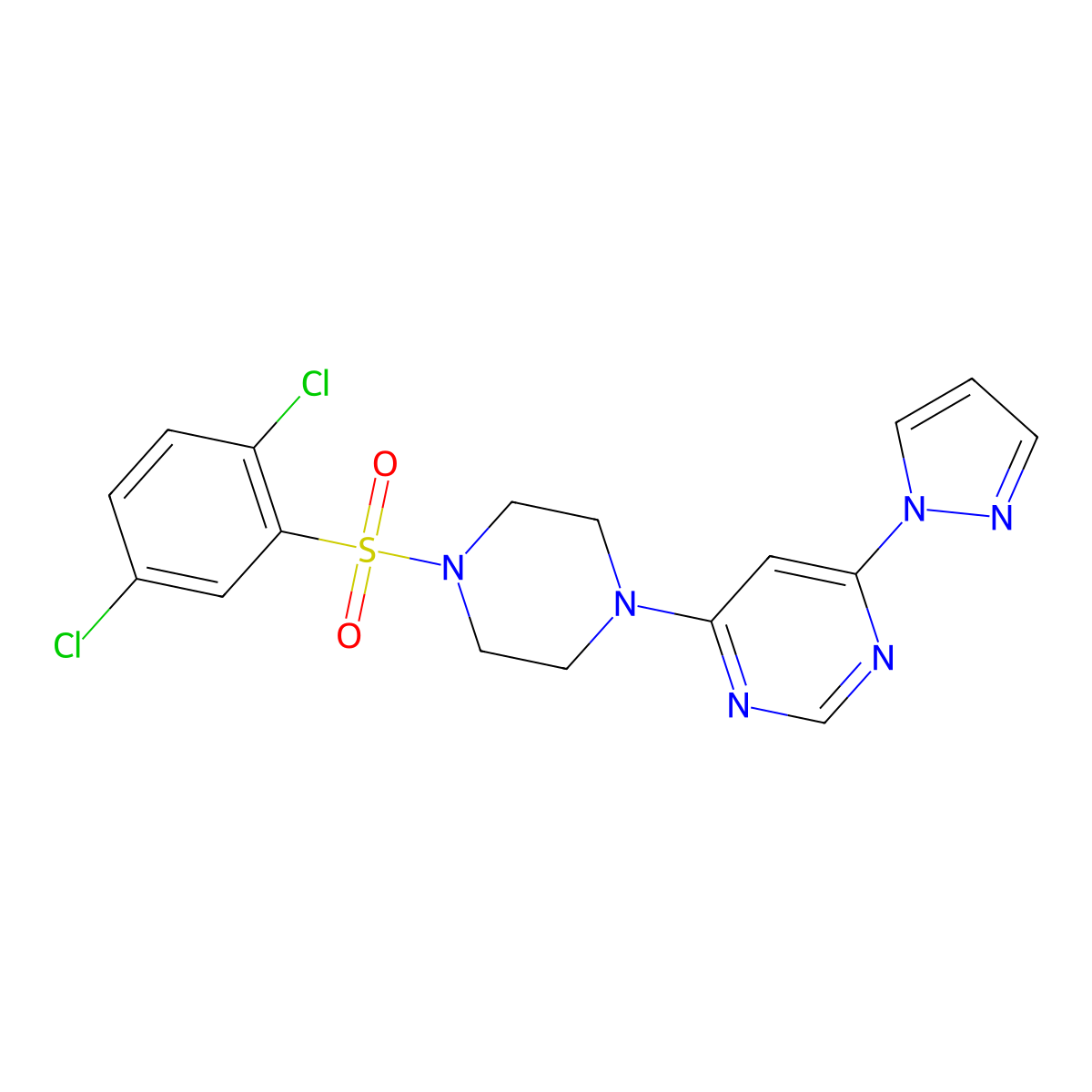 4-(4-((2,5-dichlorophenyl)sulfonyl)piperazin-1-yl)-6-(1H-pyrazol-1-yl)pyrimidine molecular structure, CAS 1171672-11-9