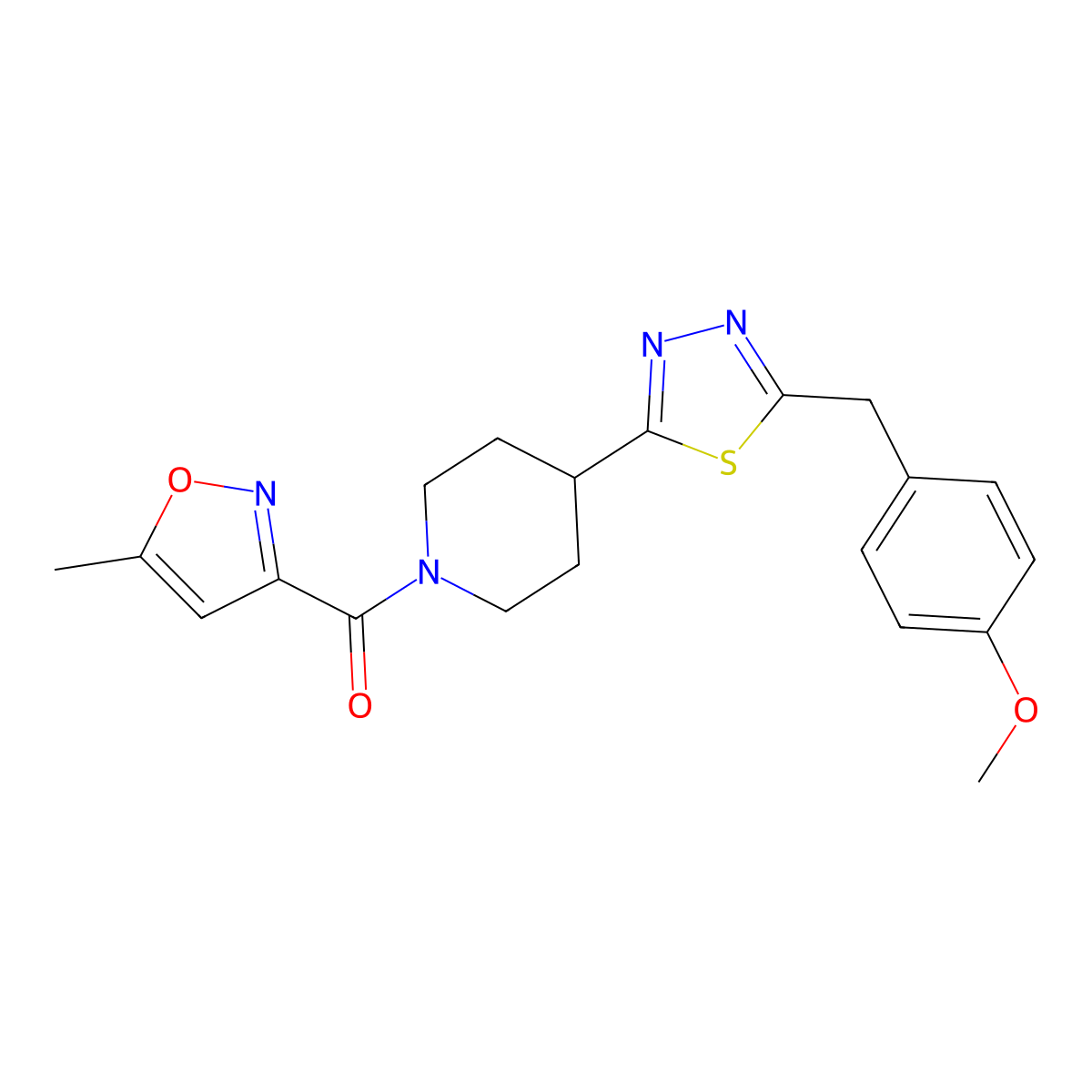 (4-(5-(4-Methoxybenzyl)-1,3,4-thiadiazol-2-yl)piperidin-1-yl)(5-methylisoxazol-3-yl)methanone molecular structure, CAS 1171672-61-9