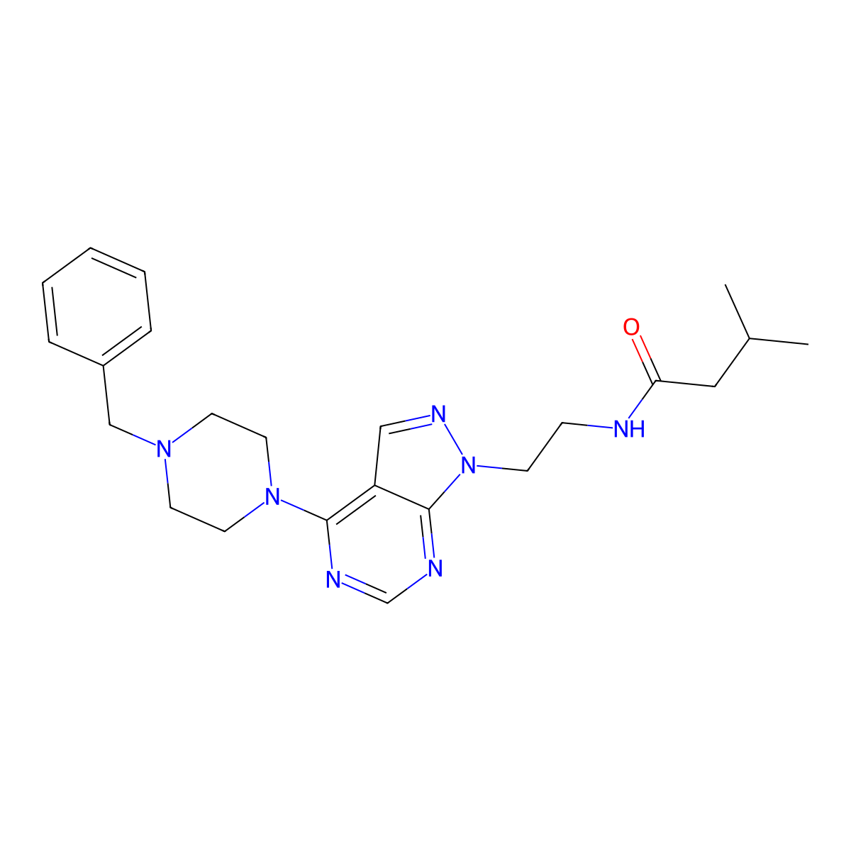 N-(2-(4-(4-benzylpiperazin-1-yl)-1H-pyrazolo[3,4-d]pyrimidin-1-yl)ethyl)-3-methylbutanamide molecular structure, CAS 1171673-98-5
