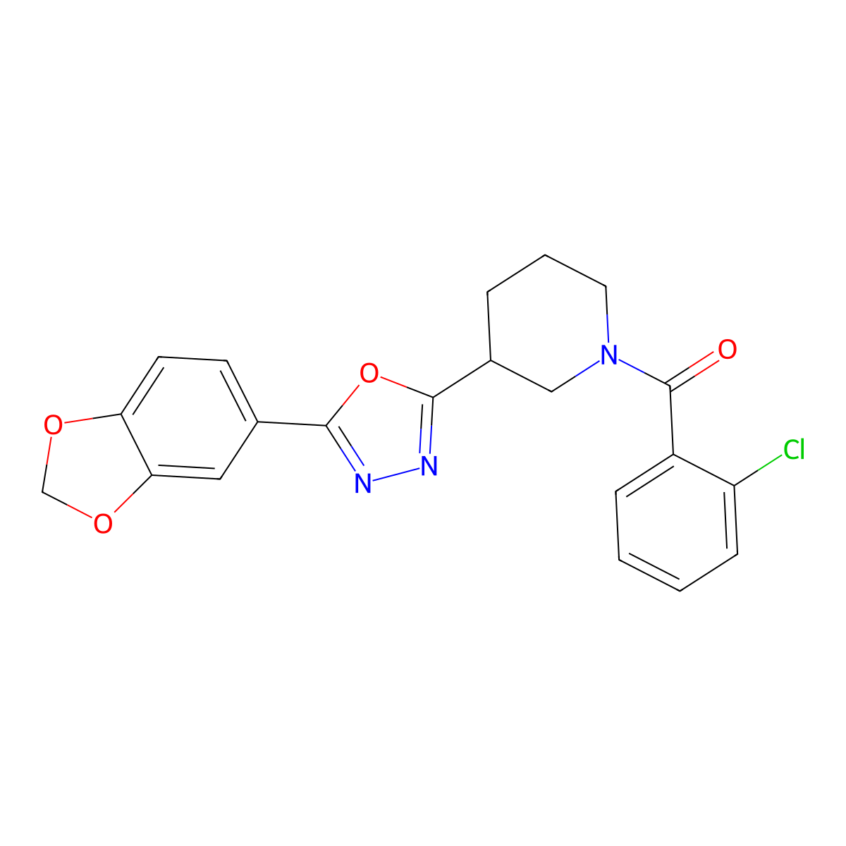 (3-(5-(Benzo[d][1,3]dioxol-5-yl)-1,3,4-oxadiazol-2-yl)piperidin-1-yl)(2-chlorophenyl)methanone molecular structure, CAS 1171675-62-9