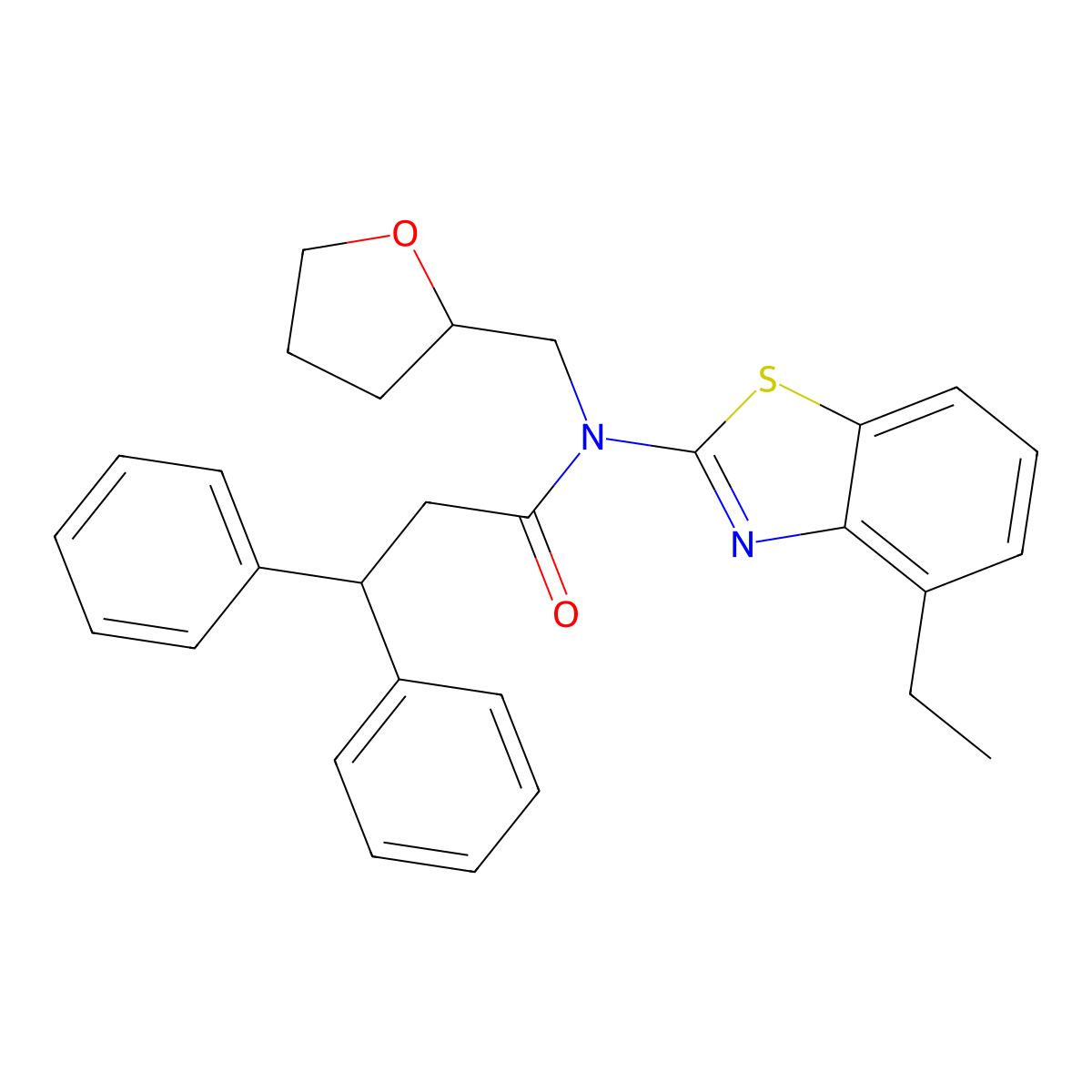 N-(4-ethylbenzo[d]thiazol-2-yl)-3,3-diphenyl-N-((tetrahydrofuran-2-yl)methyl)propanamide molecular structure, CAS 1171675-80-1