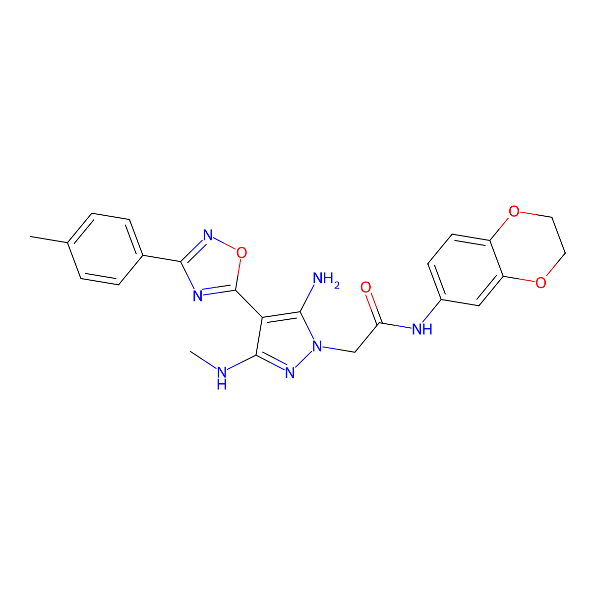 2-[5-amino-3-(methylamino)-4-[3-(4-methylphenyl)-1,2,4-oxadiazol-5-yl]-1H-pyrazol-1-yl]-N-(2,3-dihydro-1,4-benzodioxin-6-yl)acetamide molecular structure, CAS 1171679-72-3