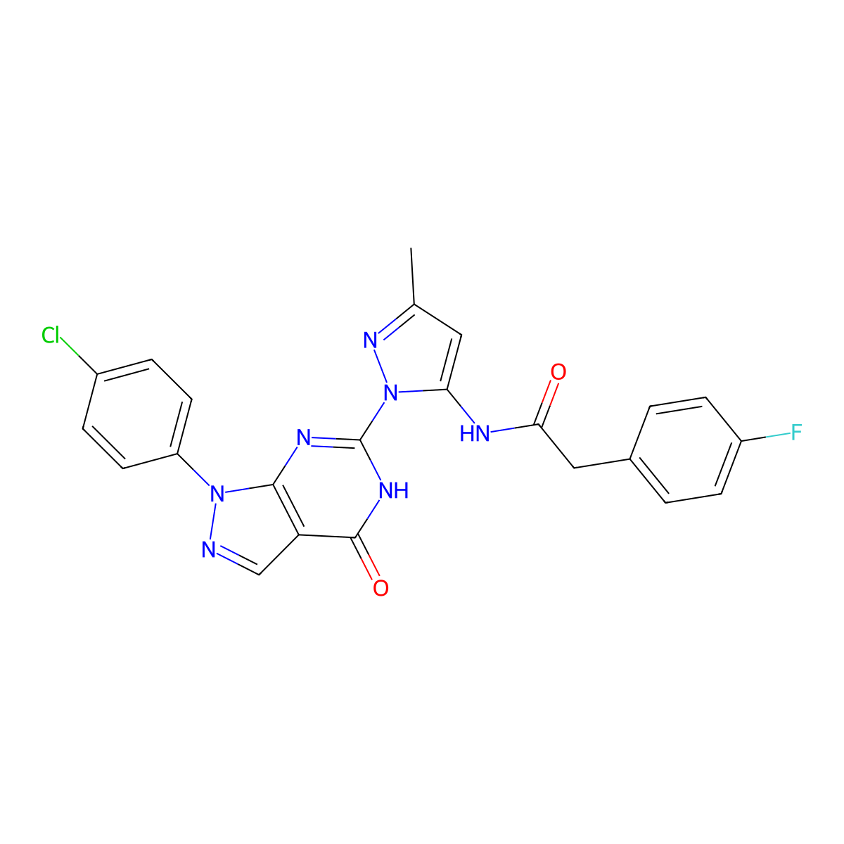 N-(1-(1-(4-chlorophenyl)-4-oxo-4,5-dihydro-1H-pyrazolo[3,4-d]pyrimidin-6-yl)-3-methyl-1H-pyrazol-5-yl)-2-(4-fluorophenyl)acetamide molecular structure, CAS 1171680-55-9