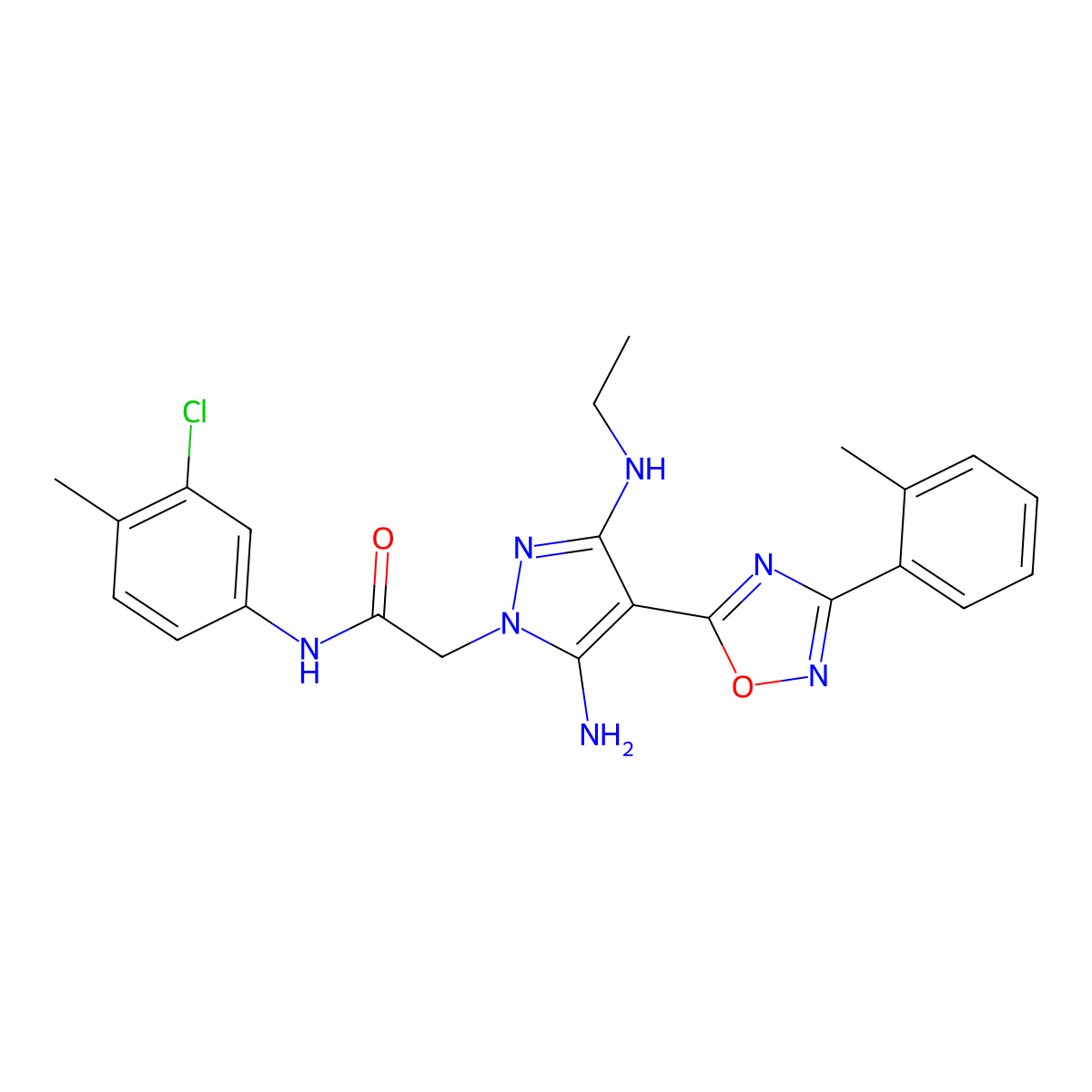 2-(5-amino-3-(ethylamino)-4-(3-(o-tolyl)-1,2,4-oxadiazol-5-yl)-1H-pyrazol-1-yl)-N-(3-chloro-4-methylphenyl)acetamide molecular structure, CAS 1171680-64-0