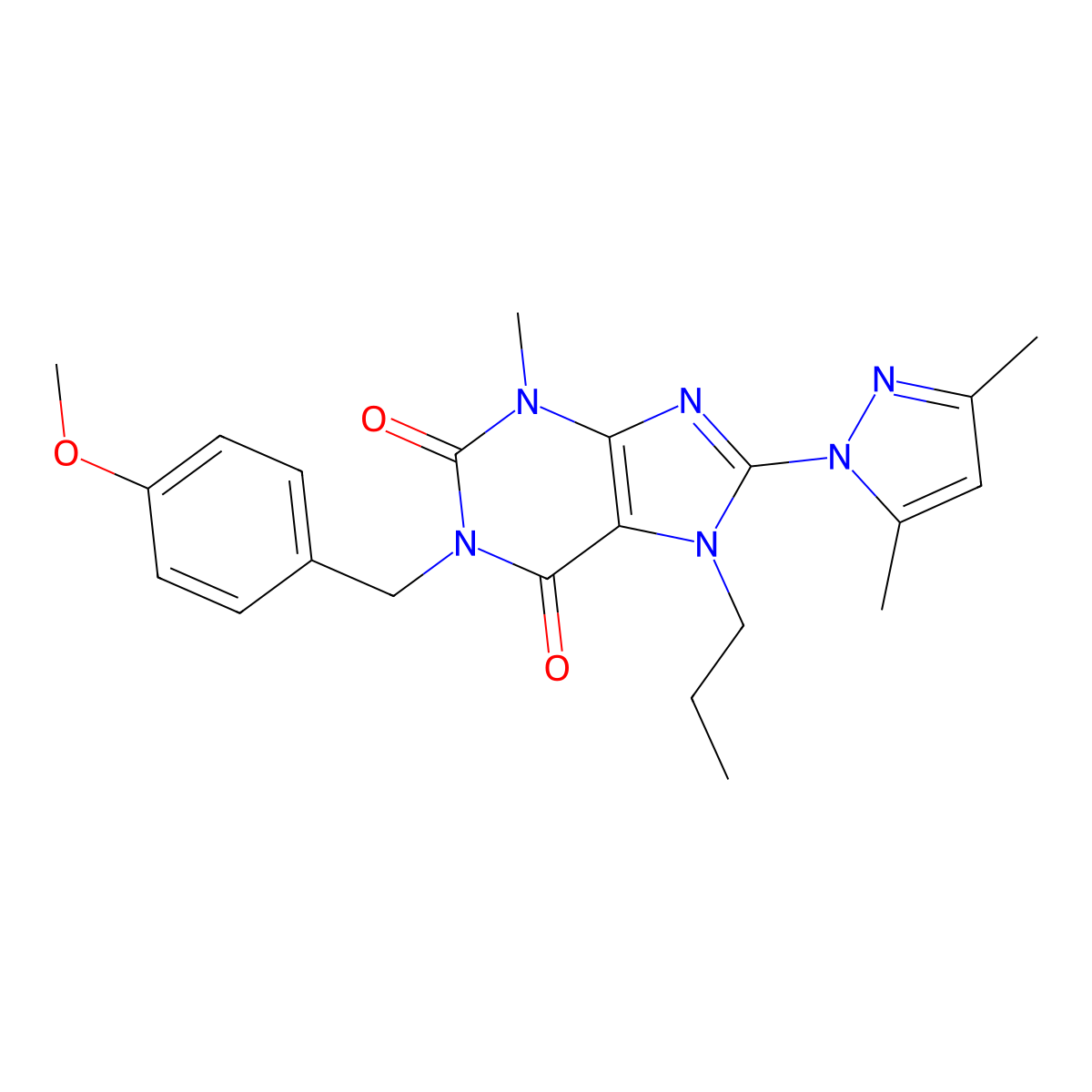 8-(3,5-dimethyl-1H-pyrazol-1-yl)-1-(4-methoxybenzyl)-3-methyl-7-propyl-1H-purine-2,6(3H,7H)-dione molecular structure, CAS 1171682-80-6