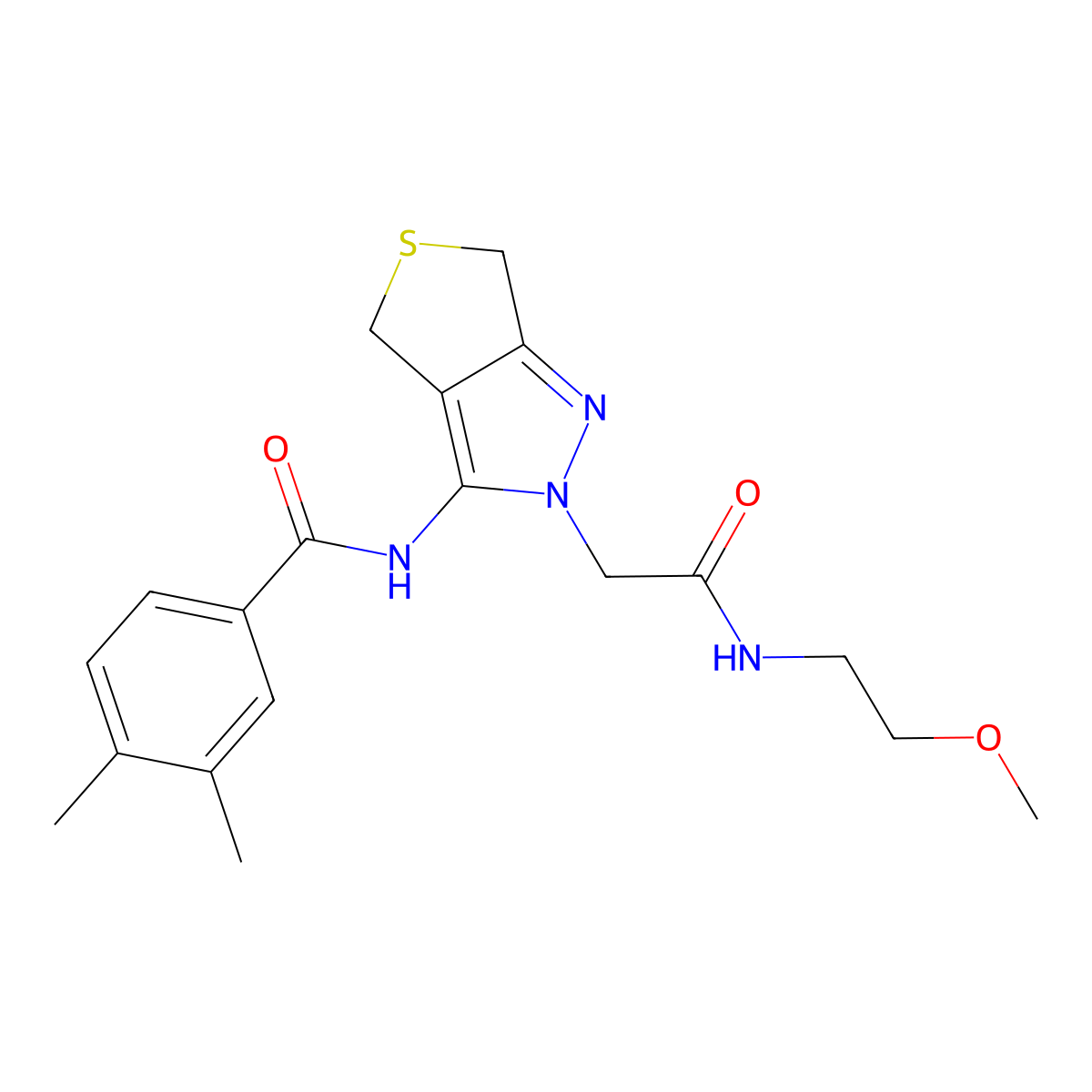 N-(2-(2-((2-methoxyethyl)amino)-2-oxoethyl)-4,6-dihydro-2H-thieno[3,4-c]pyrazol-3-yl)-3,4-dimethylbenzamide molecular structure, CAS 1171683-25-2
