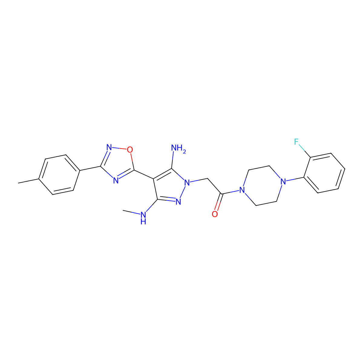 2-[5-amino-3-(methylamino)-4-[3-(4-methylphenyl)-1,2,4-oxadiazol-5-yl]-1H-pyrazol-1-yl]-1-[4-(2-fluorophenyl)piperazin-1-yl]ethan-1-one molecular structure, CAS 1171683-57-0