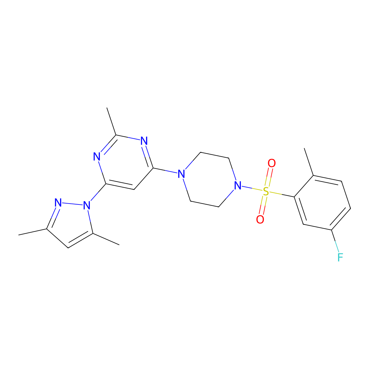 4-(3,5-dimethyl-1H-pyrazol-1-yl)-6-(4-((5-fluoro-2-methylphenyl)sulfonyl)piperazin-1-yl)-2-methylpyrimidine molecular structure, CAS 1171685-29-2