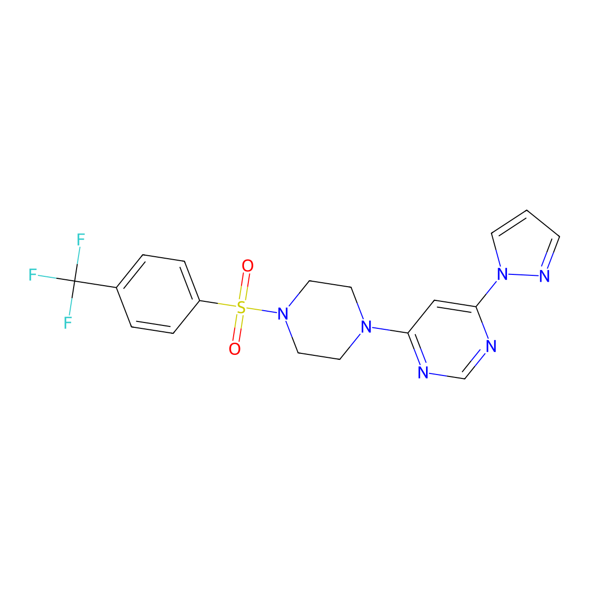4-(1H-pyrazol-1-yl)-6-(4-((4-(trifluoromethyl)phenyl)sulfonyl)piperazin-1-yl)pyrimidine molecular structure, CAS 1171686-65-9