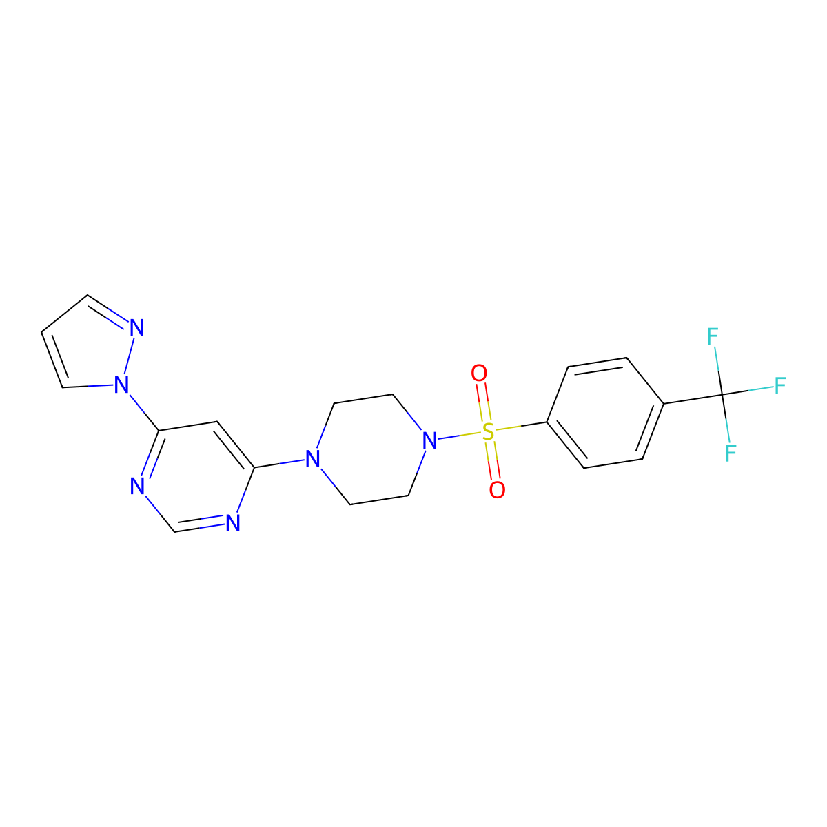 4-(1H-pyrazol-1-yl)-6-(4-((4-(trifluoromethyl)phenyl)sulfonyl)piperazin-1-yl)pyrimidine molecular structure, CAS 1171686-65-9