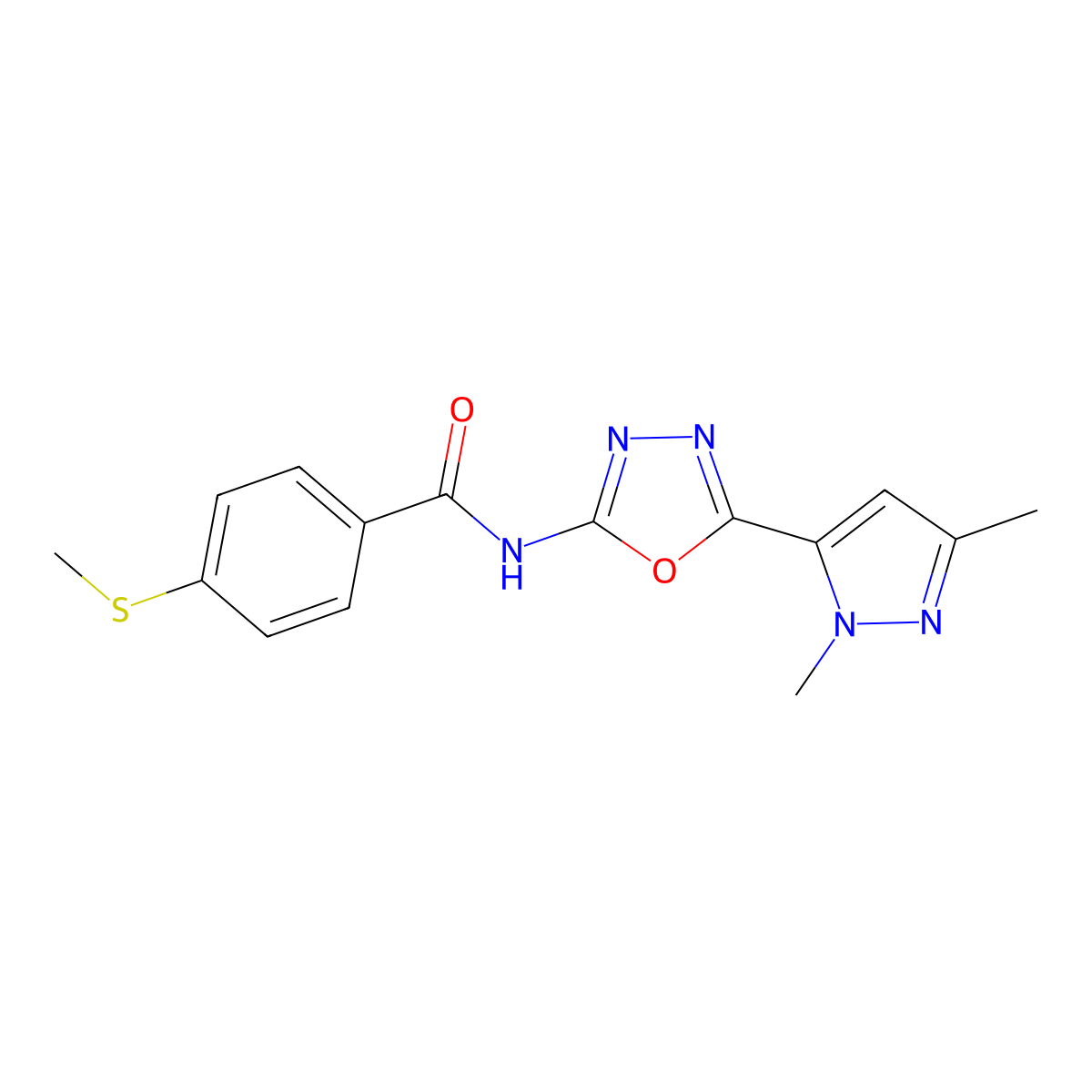 N-[5-(1,3-dimethyl-1H-pyrazol-5-yl)-1,3,4-oxadiazol-2-yl]-4-(methylsulfanyl)benzamide molecular structure, CAS 1171686-82-0
