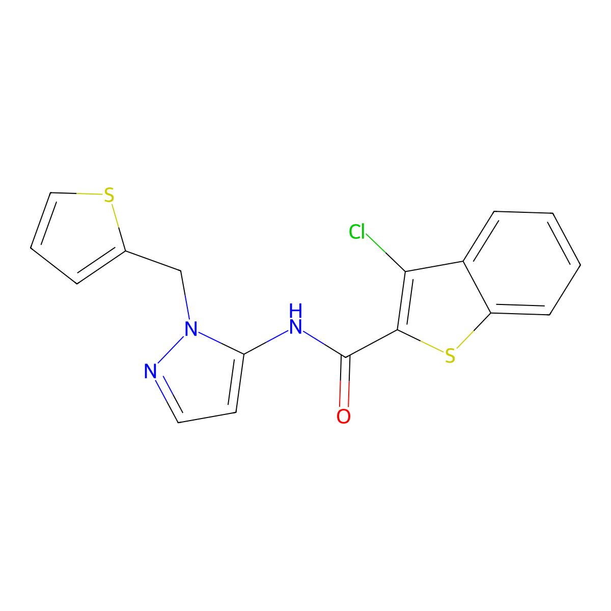 3-chloro-N-[1-(thiophen-2-ylmethyl)-1H-pyrazol-5-yl]-1-benzothiophene-2-carboxamide molecular structure, CAS 1171687-45-8