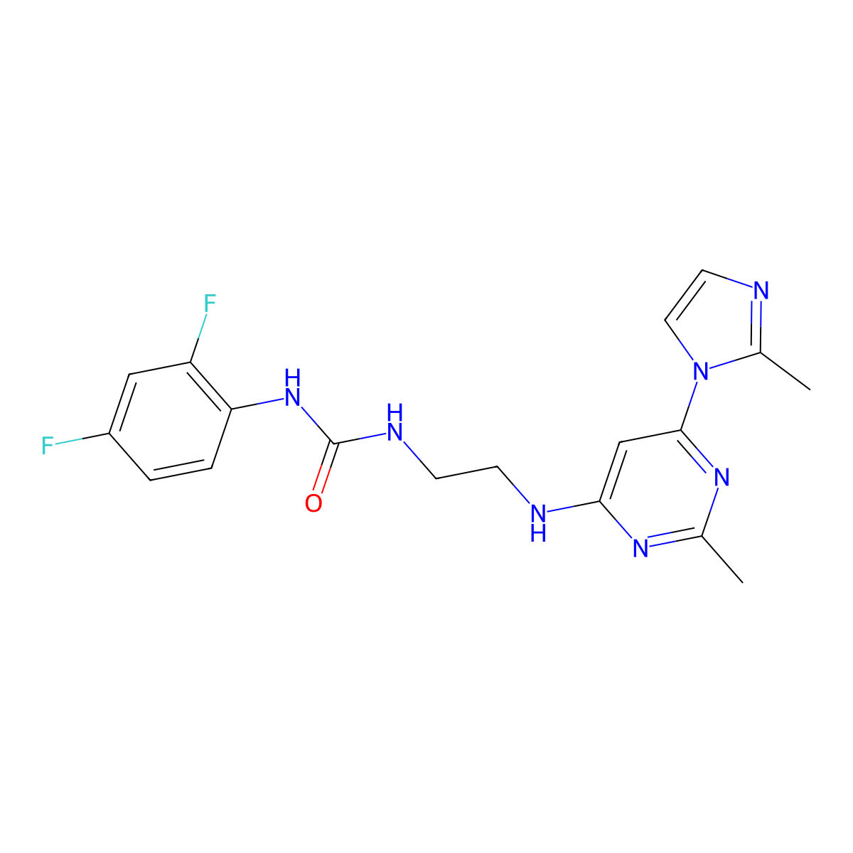 1-(2,4-difluorophenyl)-3-(2-((2-methyl-6-(2-methyl-1H-imidazol-1-yl)pyrimidin-4-yl)amino)ethyl)urea molecular structure, CAS 1171689-05-6