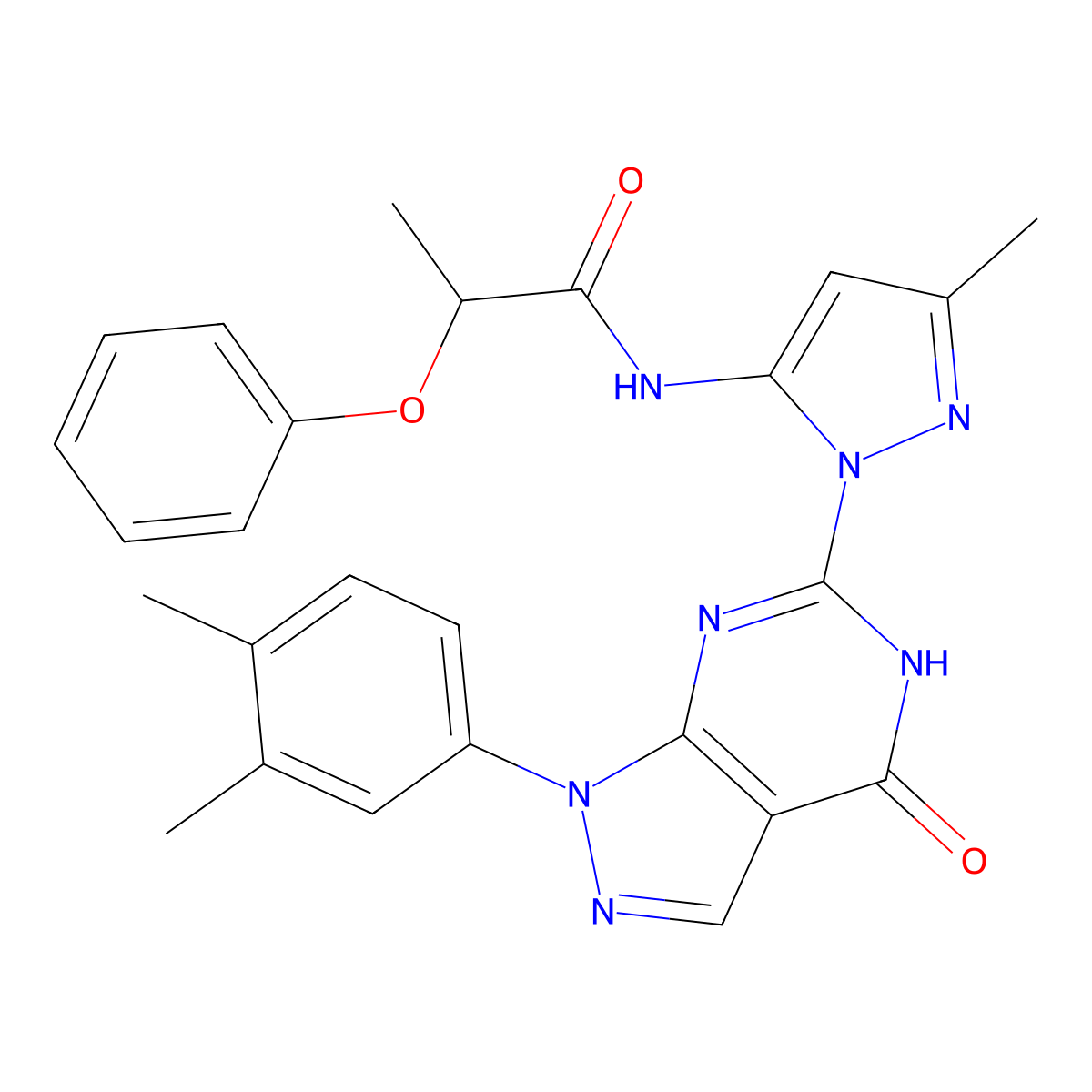 N-(1-(1-(3,4-dimethylphenyl)-4-oxo-4,5-dihydro-1H-pyrazolo[3,4-d]pyrimidin-6-yl)-3-methyl-1H-pyrazol-5-yl)-2-phenoxypropanamide molecular structure, CAS 1171691-09-0