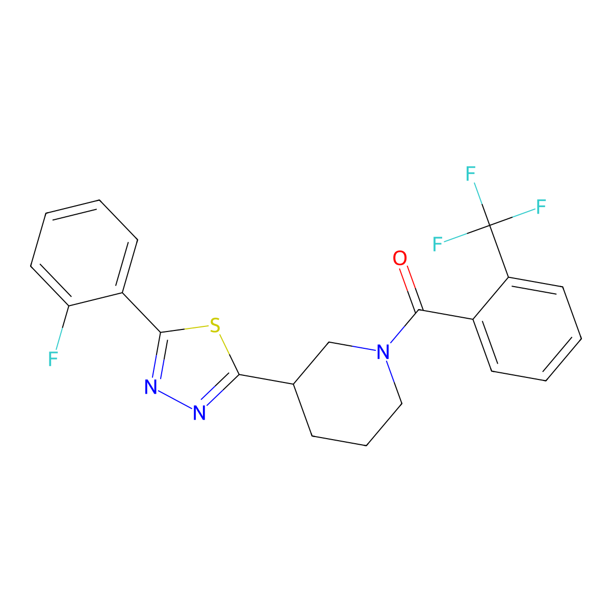 (3-(5-(2-Fluorophenyl)-1,3,4-thiadiazol-2-yl)piperidin-1-yl)(2-(trifluoromethyl)phenyl)methanone molecular structure, CAS 1171692-65-1