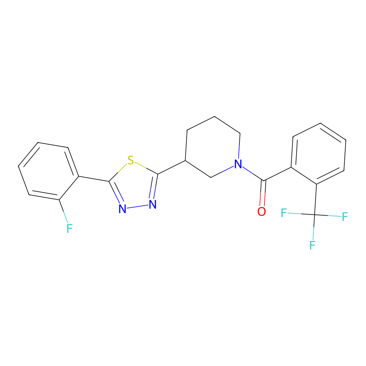 (3-(5-(2-Fluorophenyl)-1,3,4-thiadiazol-2-yl)piperidin-1-yl)(2-(trifluoromethyl)phenyl)methanone molecular structure, CAS 1171692-65-1