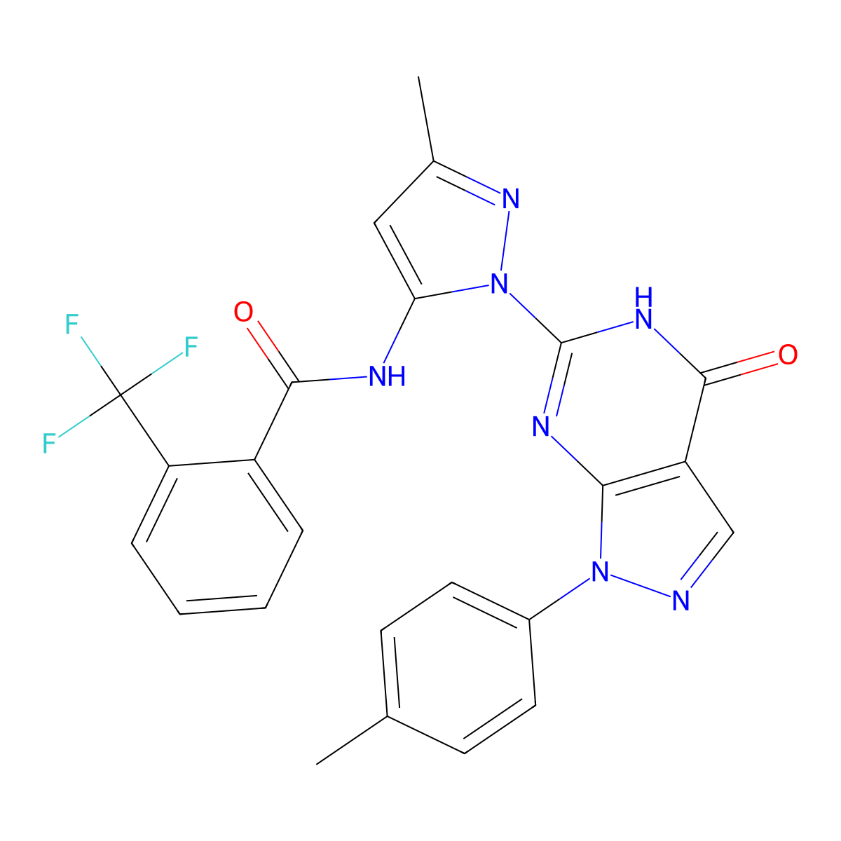 N-(3-methyl-1-(4-oxo-1-(p-tolyl)-4,5-dihydro-1H-pyrazolo[3,4-d]pyrimidin-6-yl)-1H-pyrazol-5-yl)-2-(trifluoromethyl)benzamide molecular structure, CAS 1171696-45-9