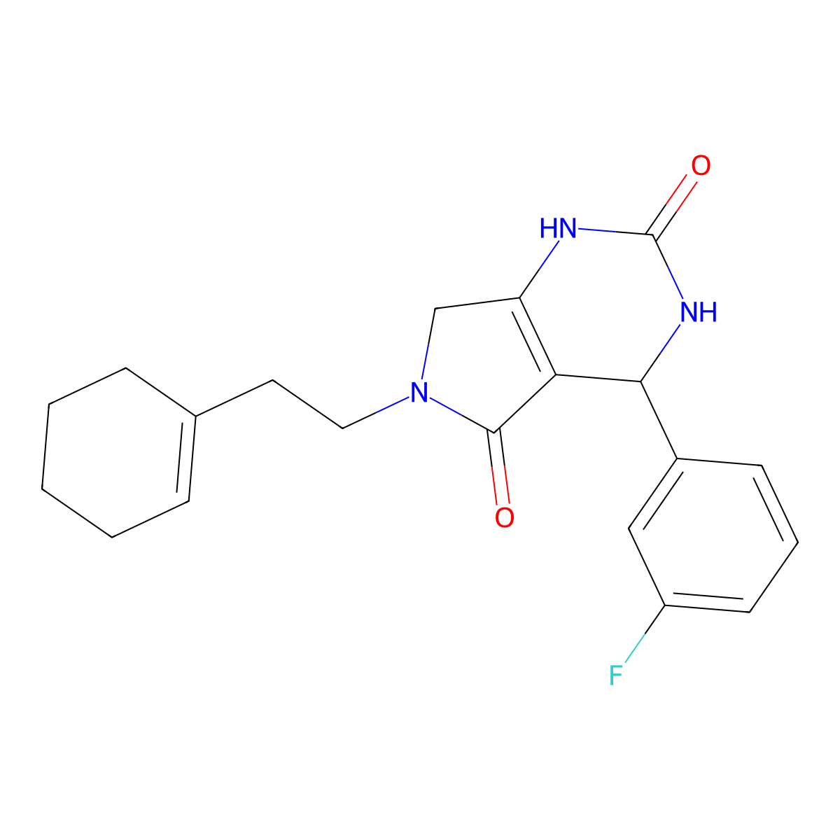 6-(2-(cyclohex-1-en-1-yl)ethyl)-4-(3-fluorophenyl)-3,4,6,7-tetrahydro-1H-pyrrolo[3,4-d]pyrimidine-2,5-dione molecular structure, CAS 1171697-05-4