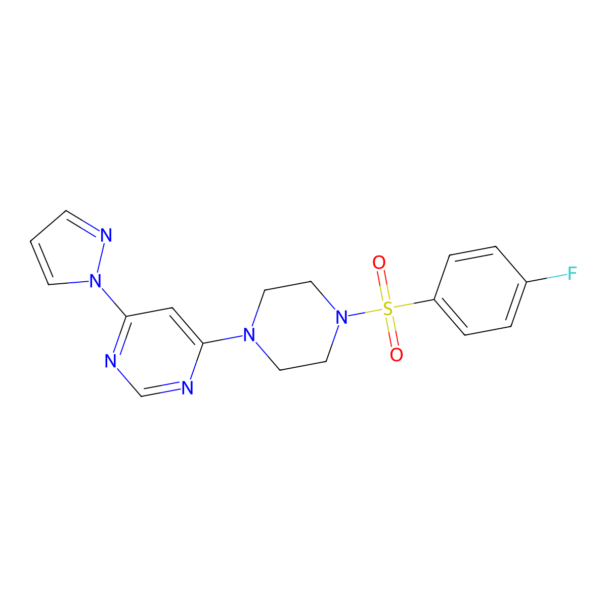 4-(4-((4-fluorophenyl)sulfonyl)piperazin-1-yl)-6-(1H-pyrazol-1-yl)pyrimidine molecular structure, CAS 1171698-23-9
