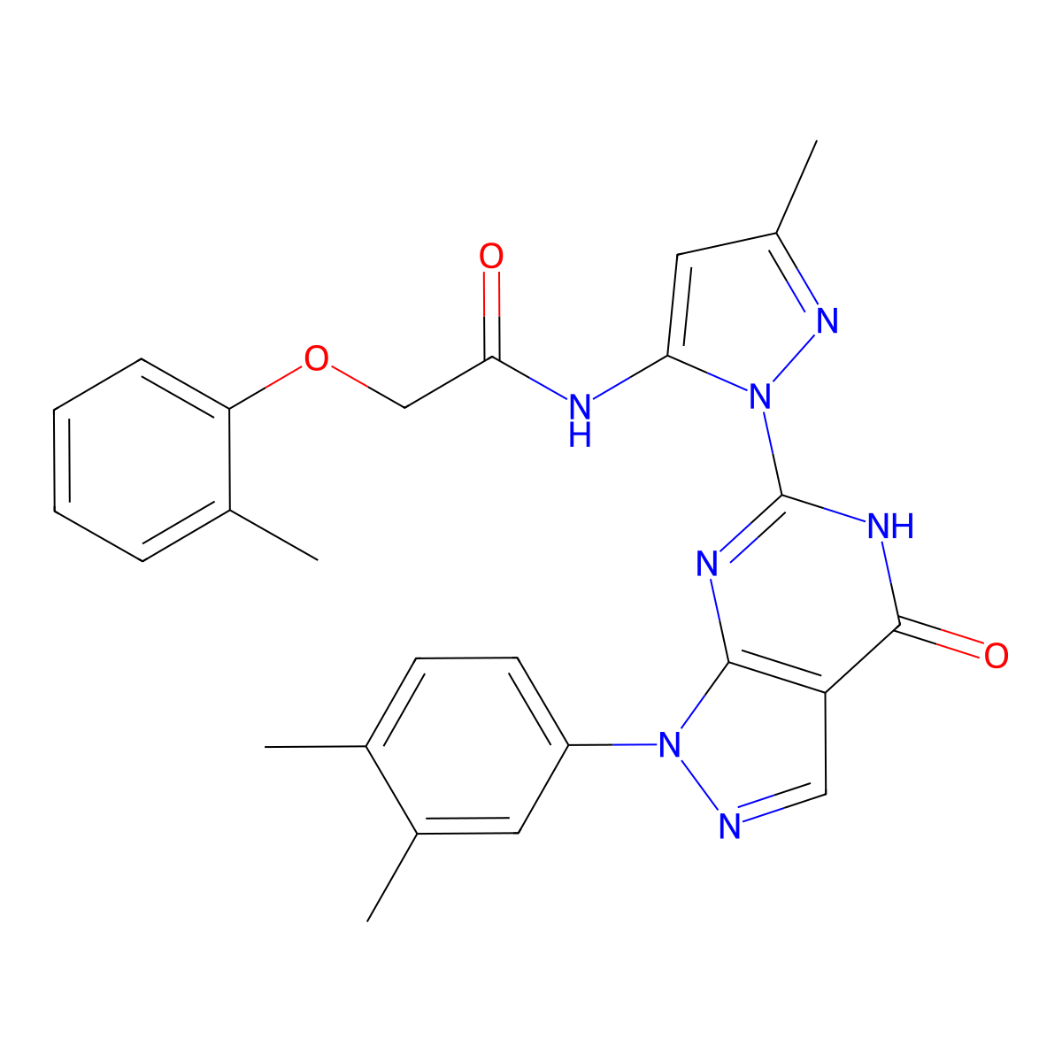 N-(1-(1-(3,4-dimethylphenyl)-4-oxo-4,5-dihydro-1H-pyrazolo[3,4-d]pyrimidin-6-yl)-3-methyl-1H-pyrazol-5-yl)-2-(o-tolyloxy)acetamide molecular structure, CAS 1171698-70-6