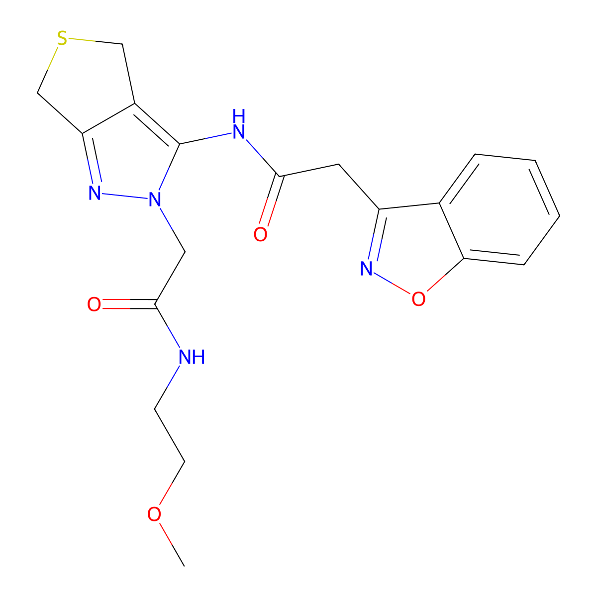 2-(benzo[d]isoxazol-3-yl)-N-(2-(2-((2-methoxyethyl)amino)-2-oxoethyl)-4,6-dihydro-2H-thieno[3,4-c]pyrazol-3-yl)acetamide molecular structure, CAS 1171699-28-7