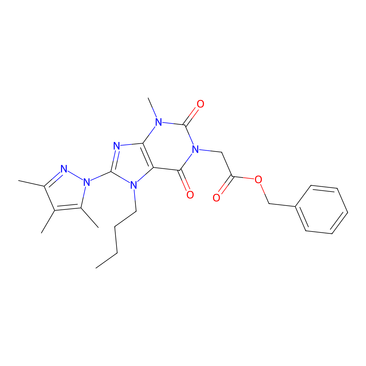 benzyl 2-[7-butyl-3-methyl-2,6-dioxo-8-(3,4,5-trimethyl-1H-pyrazol-1-yl)-2,3,6,7-tetrahydro-1H-purin-1-yl]acetate molecular structure, CAS 1171703-97-1