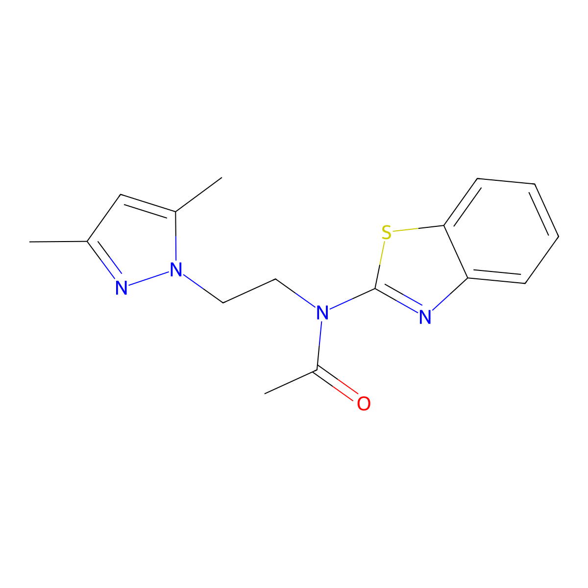 N-(benzo[d]thiazol-2-yl)-N-(2-(3,5-dimethyl-1H-pyrazol-1-yl)ethyl)acetamide molecular structure, CAS 1171705-53-5