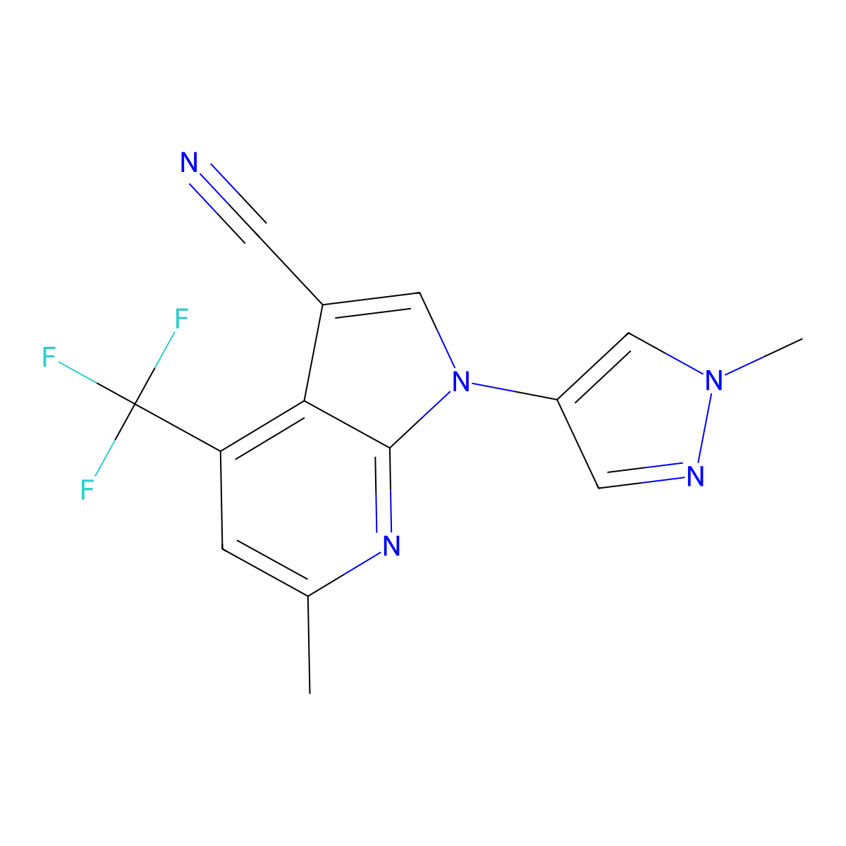 6-methyl-1-(1-methyl-1H-pyrazol-4-yl)-4-(trifluoromethyl)-1H-pyrrolo[2,3-b]pyridine-3-carbonitrile molecular structure, CAS 1171712-34-7
