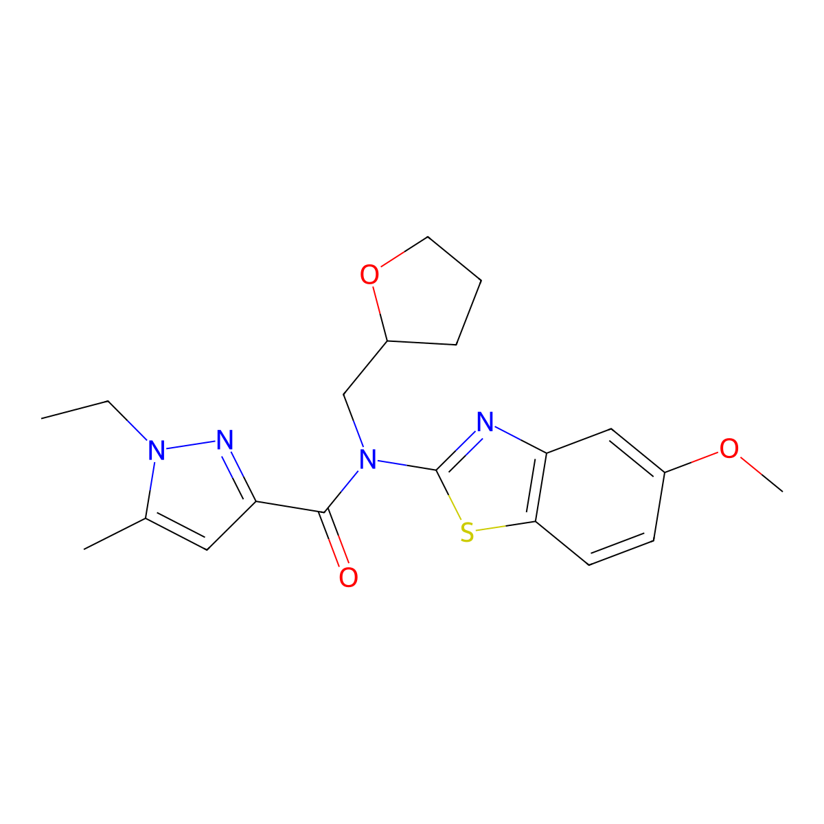 1-ethyl-N-(5-methoxybenzo[d]thiazol-2-yl)-5-methyl-N-((tetrahydrofuran-2-yl)methyl)-1H-pyrazole-3-carboxamide molecular structure, CAS 1171713-42-0
