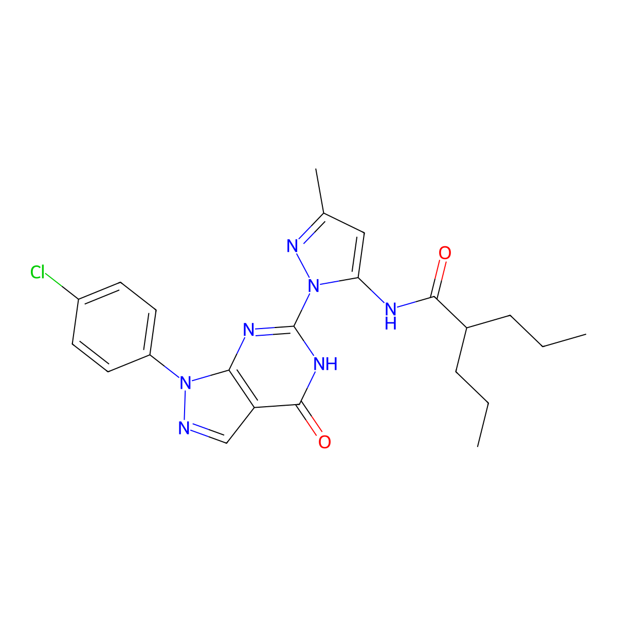 N-(1-(1-(4-chlorophenyl)-4-oxo-4,5-dihydro-1H-pyrazolo[3,4-d]pyrimidin-6-yl)-3-methyl-1H-pyrazol-5-yl)-2-propylpentanamide molecular structure, CAS 1171717-52-4