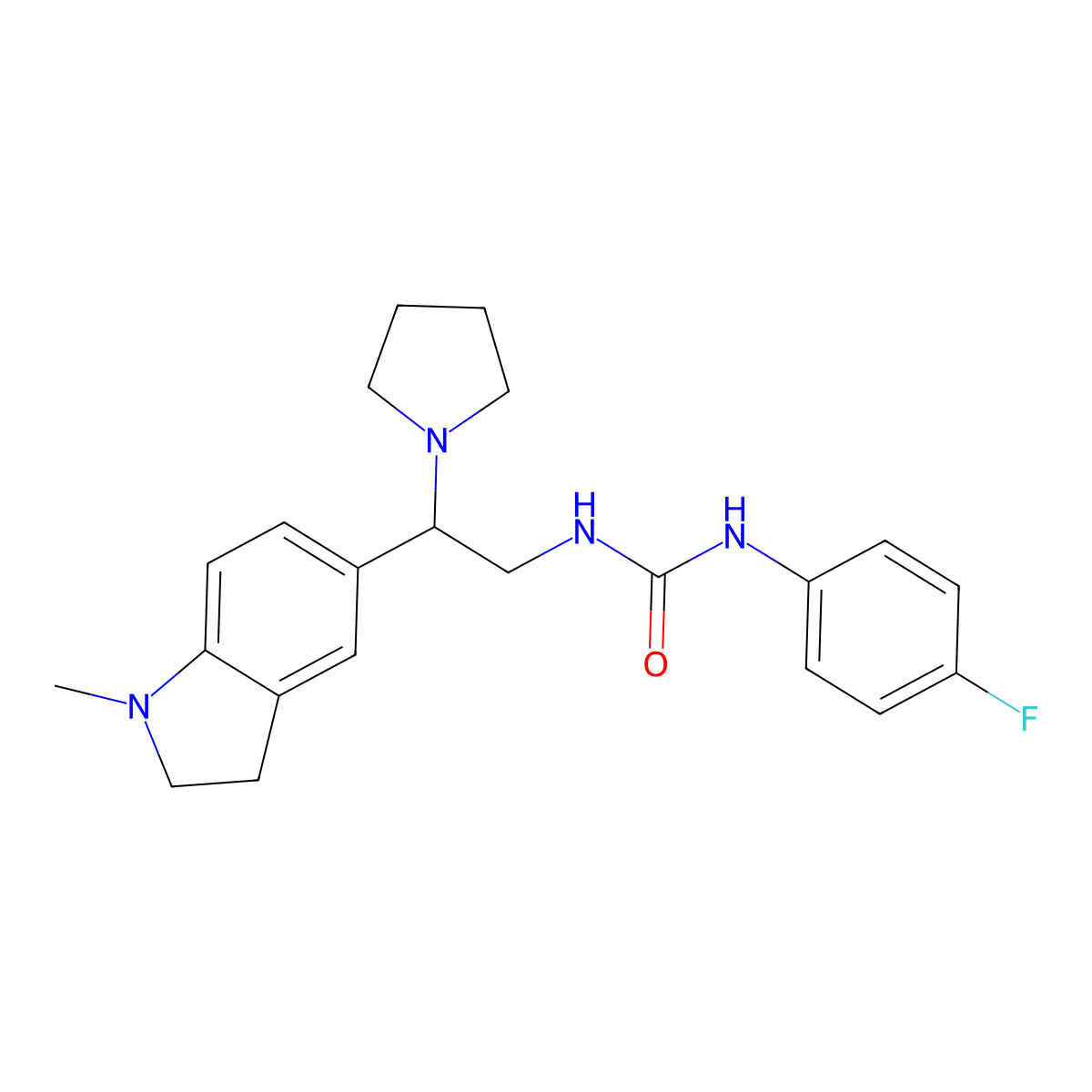 1-(4-Fluorophenyl)-3-(2-(1-methylindolin-5-yl)-2-(pyrrolidin-1-yl)ethyl)urea molecular structure, CAS 1171719-37-1