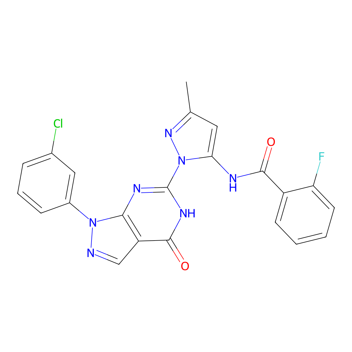 N-(1-(1-(3-chlorophenyl)-4-oxo-4,5-dihydro-1H-pyrazolo[3,4-d]pyrimidin-6-yl)-3-methyl-1H-pyrazol-5-yl)-2-fluorobenzamide molecular structure, CAS 1171721-94-0