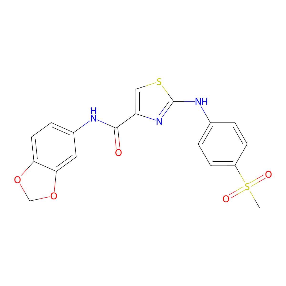 N-(benzo[d][1,3]dioxol-5-yl)-2-((4-(methylsulfonyl)phenyl)amino)thiazole-4-carboxamide molecular structure, CAS 1171724-22-3