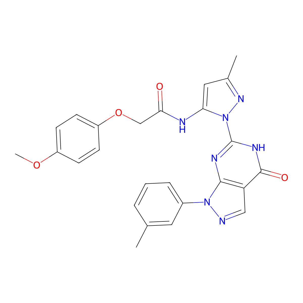 2-(4-methoxyphenoxy)-N-(3-methyl-1-(4-oxo-1-(m-tolyl)-4,5-dihydro-1H-pyrazolo[3,4-d]pyrimidin-6-yl)-1H-pyrazol-5-yl)acetamide molecular structure, CAS 1171725-67-9