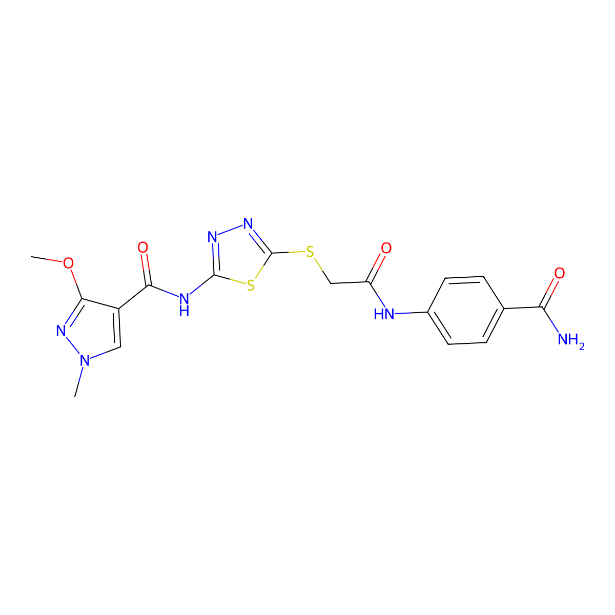 N-(5-((2-((4-carbamoylphenyl)amino)-2-oxoethyl)thio)-1,3,4-thiadiazol-2-yl)-3-methoxy-1-methyl-1H-pyrazole-4-carboxamide molecular structure, CAS 1171726-73-0