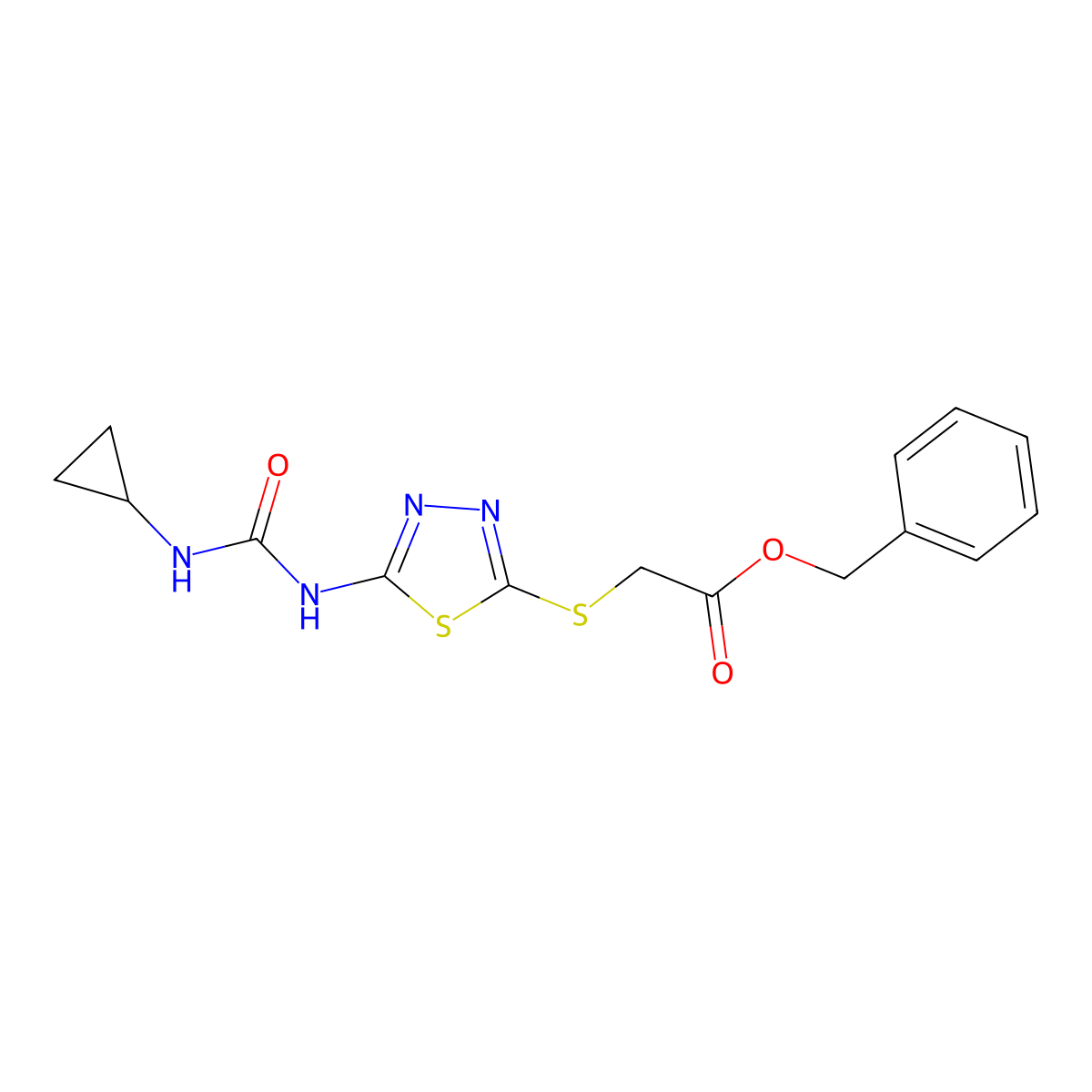 Benzyl 2-((5-(3-cyclopropylureido)-1,3,4-thiadiazol-2-yl)thio)acetate molecular structure, CAS 1171729-47-7